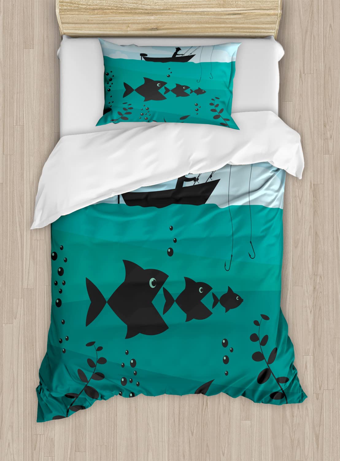Ambesonne Fishing Duvet Cover Set - Nautical Marine Theme with Single Man in Boat & Bobbins Print - 2 Pack Queen Size Bedding Set (2 Duvet Covers + 4 Pillowcases) - Blue Teal Ocean Design - Perfect for Beach House Decor, Fishing Enthusiast Gifts & Coastal Bedroom Themes