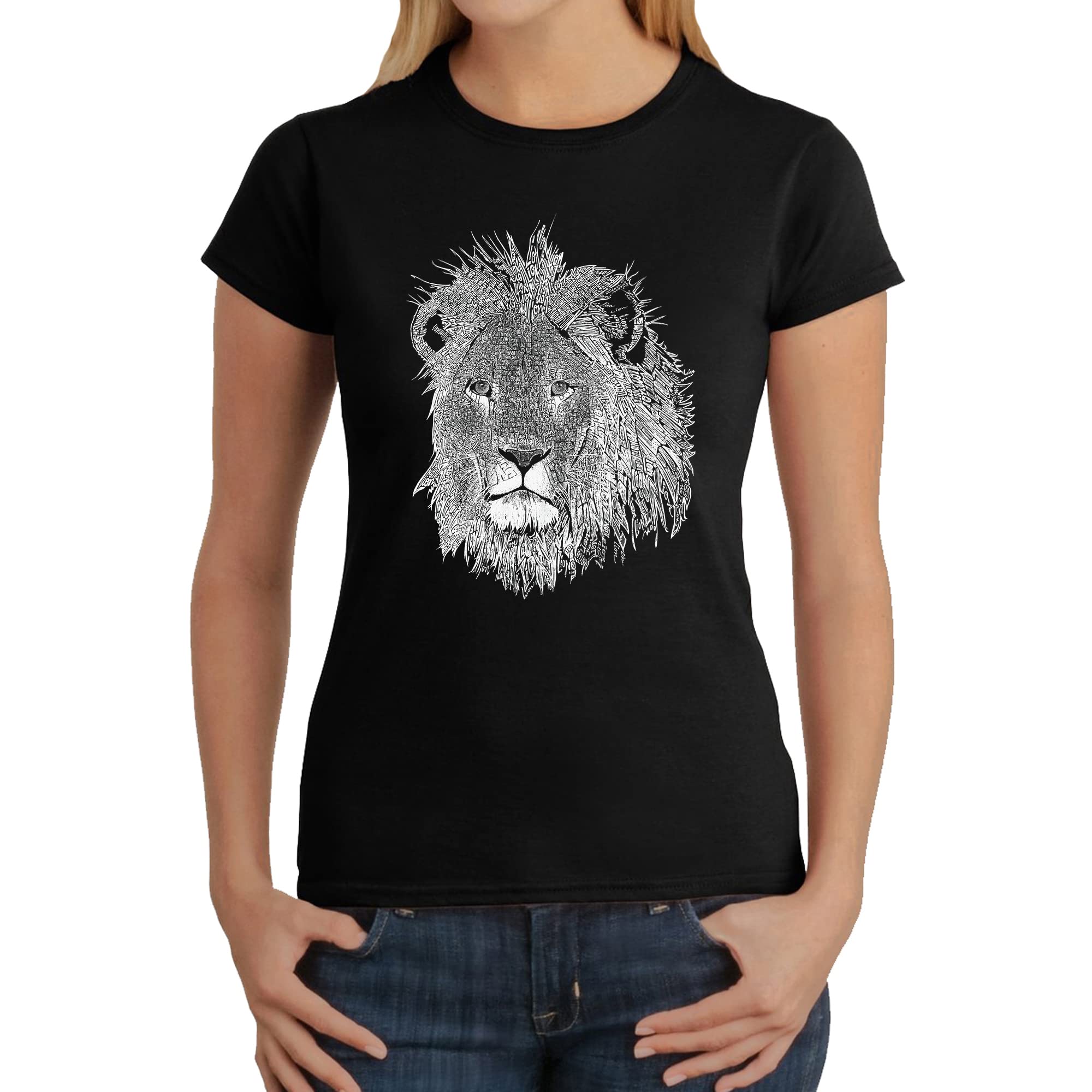 LA POP ART Women's Lion Word Art Graphic T-Shirt - Stylish Casual Tee for Everyday Wear, Street Fashion & Music Festivals
