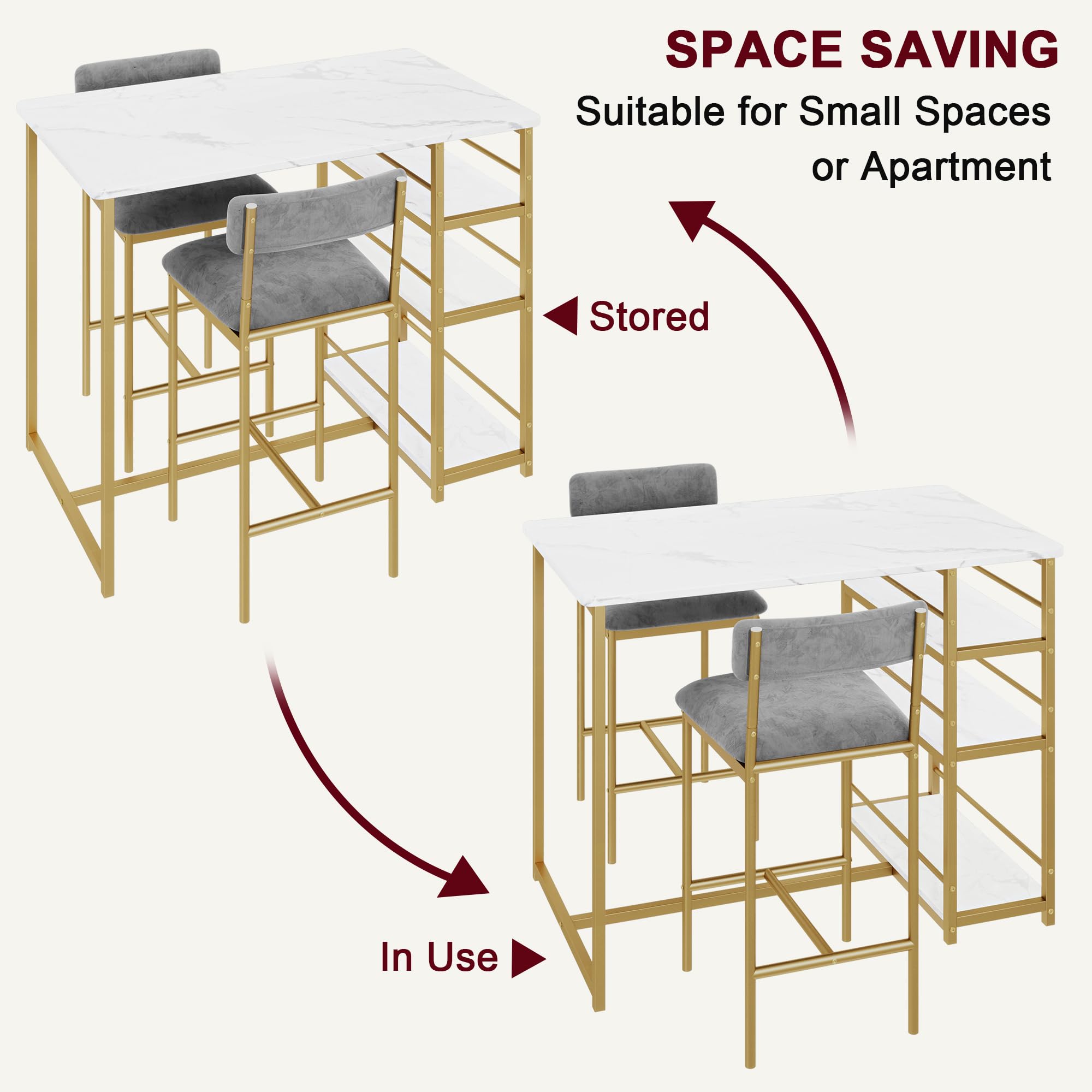 **IDEALHOUSE 3-Piece Counter Height Dining Table Set for 2 - Kitchen Bar Table with 2 Velvet Bar Stools, Small Space & Apartment Friendly in Gray, Gold & White - Perfect for Breakfast Nooks, Studio Apartments & Cozy Dining**