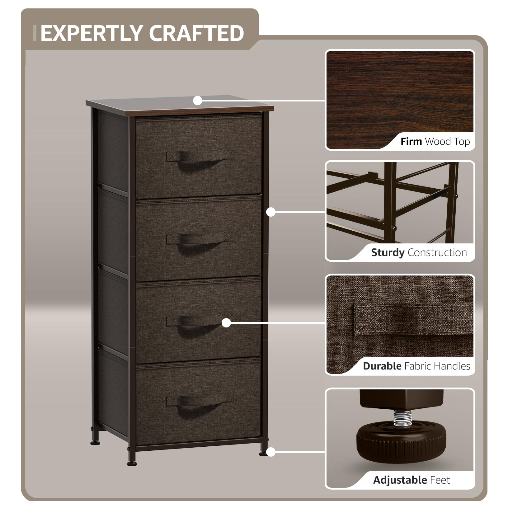 Sorbus 4-Drawer Nightstand - Modern Bedside Table with Steel Frame & Wood Top, Easy Pull Fabric Bins for Bedroom, Office, Dorm | Perfect for Small Spaces, Storage Organization & Home Decor