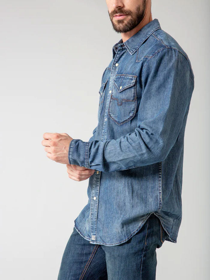 Kimes Ranch GRIMES Men's Long Sleeve Snap Button Denim Shirt - Dark Indigo Western Shirt for Casual Wear, Rodeo & Outdoor Activities