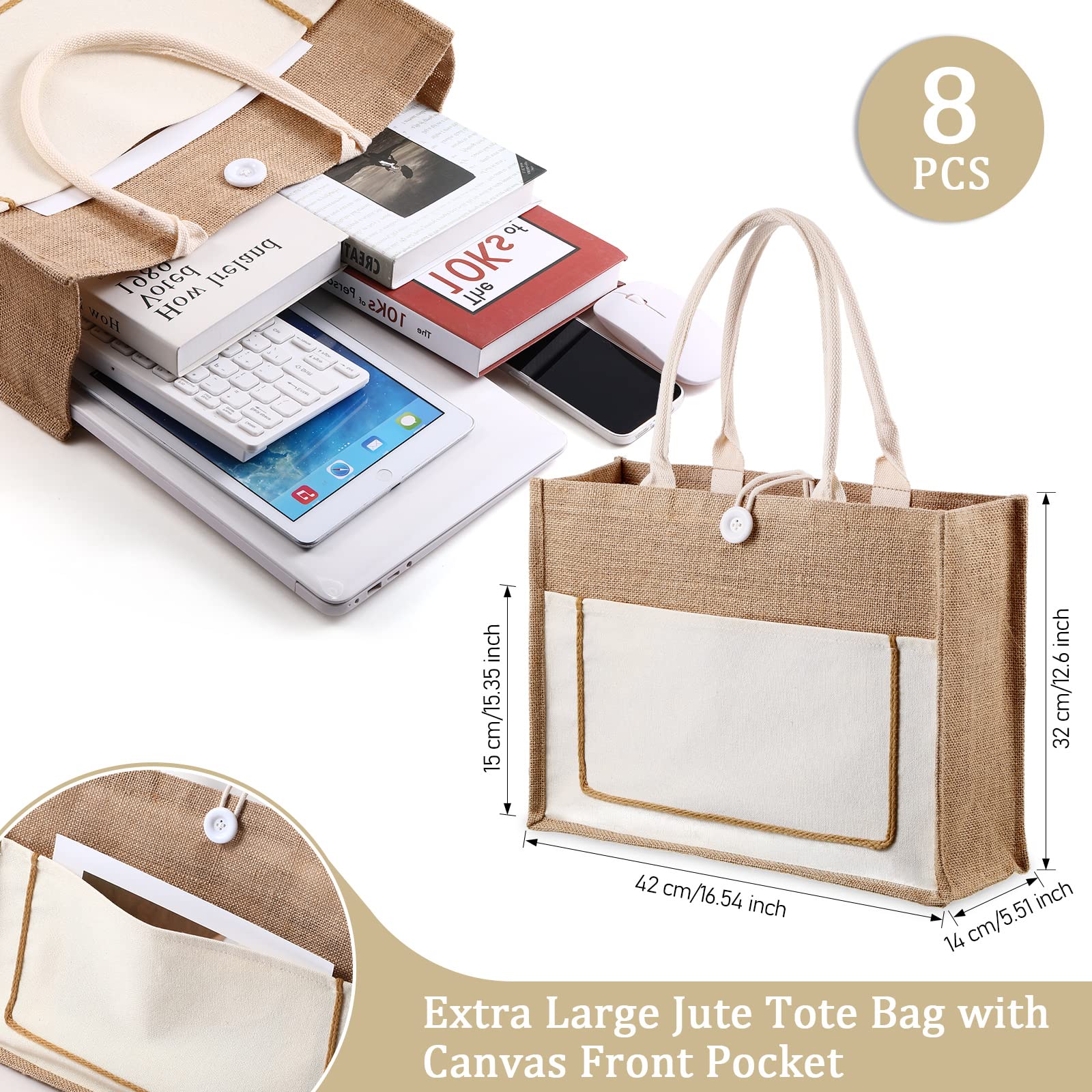 8-Pack Large Burlap Tote Bags with Handles - Reusable Jute Canvas Shopping Bags for Groceries, Beach, Wedding Favors & Eco-Friendly Gifts