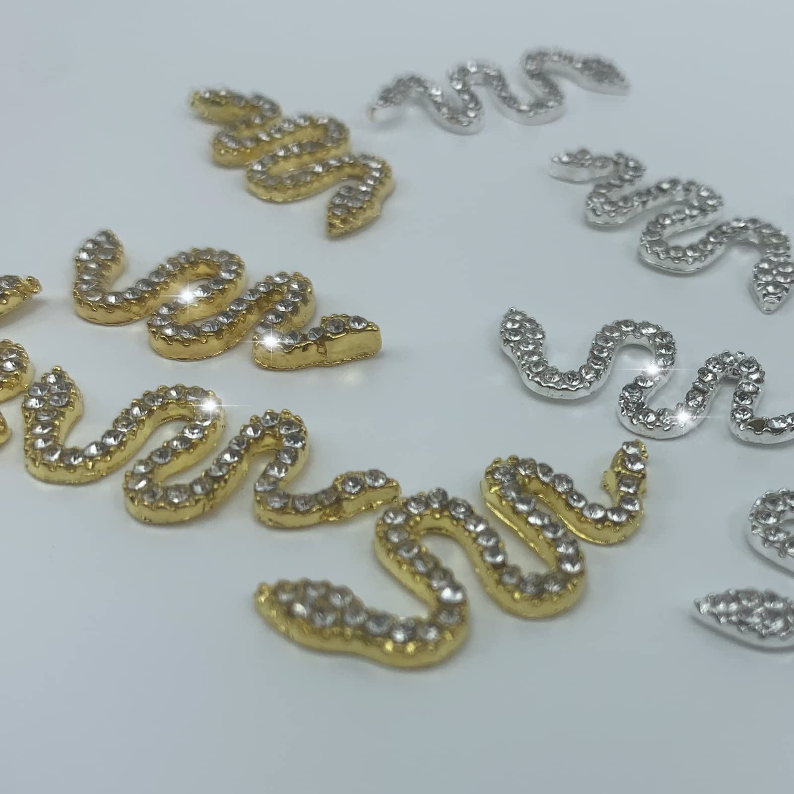 3D Retro Alloy Snake Nail Charms with Rhinestones - Gold & Silver Snake Wave Nail Studs, Crystal Diamonds for Acrylic Nails - DIY Nail Art Decorations for Halloween, Gothic Parties & Nail Salon Designs