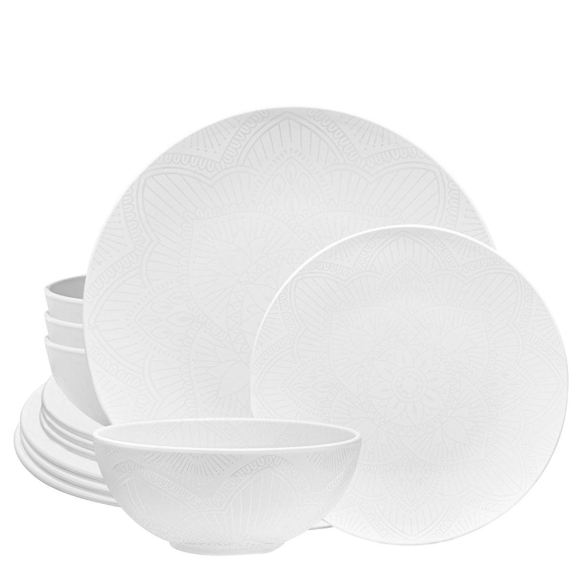 12-Piece La La Mandala Melamine Dinner Plate & Bowl Set - Durable White Dishware for Outdoor Picnics, Camping & Home Decor