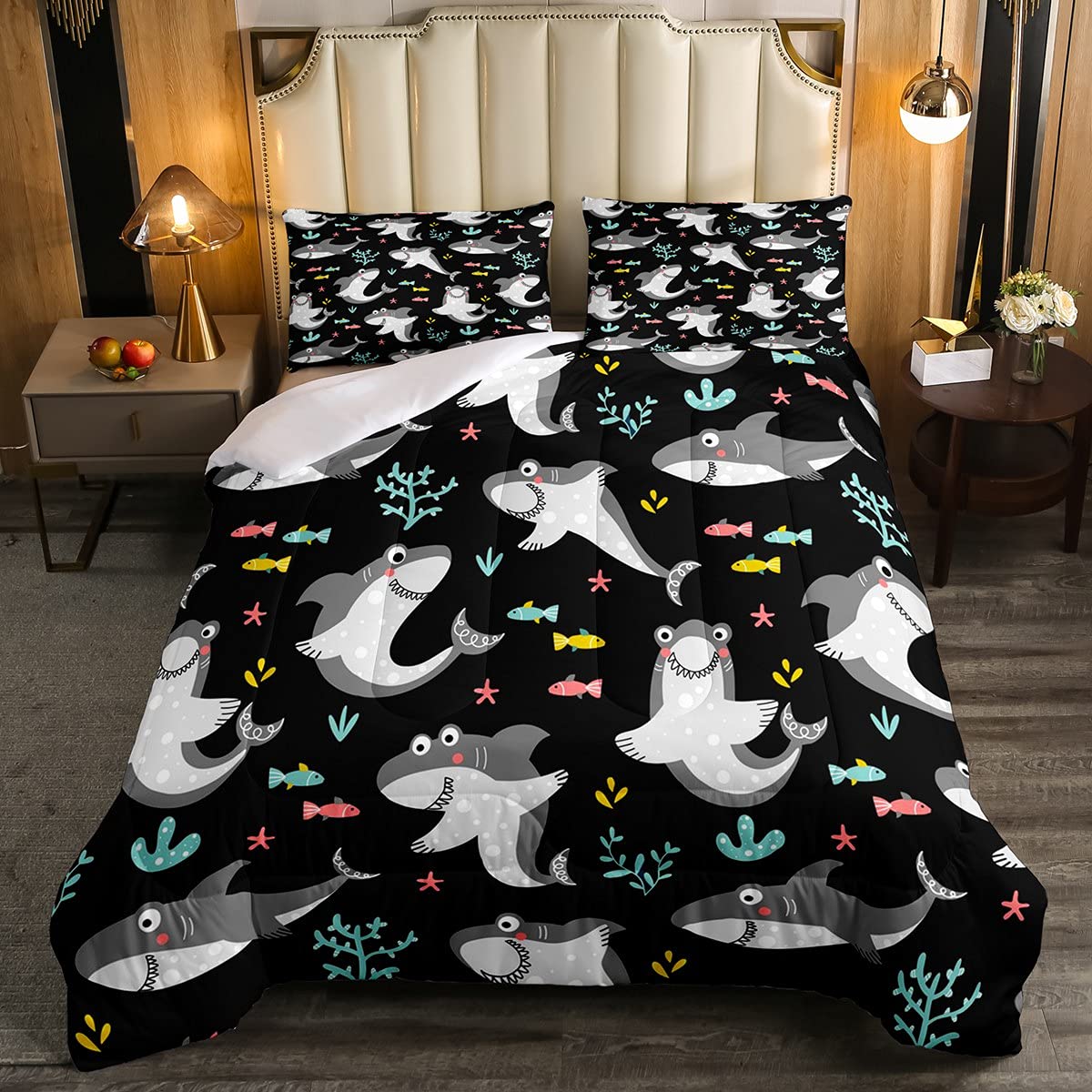 Cute Shark Duvet Set for Kids - Twin Size Marine Life Comforter with Coral Underwater Design | Soft Bedding for Boys & Girls | Perfect for Kids' Bedroom Decor & Ocean-Themed Nursery