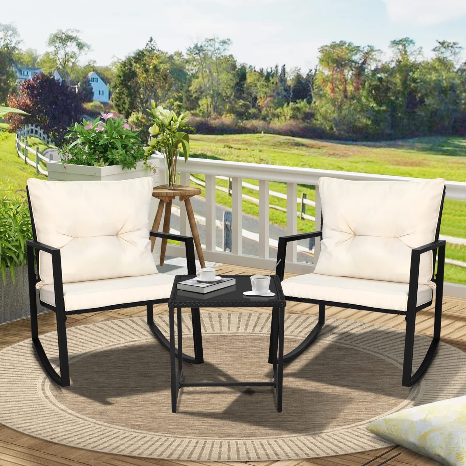 SUNCROWN 3-Piece Outdoor Rocking Bistro Set - Black Wicker Patio Furniture with Glass Coffee Table, Beige Cushions - Perfect for Porch, Garden, and Backyard Relaxation
