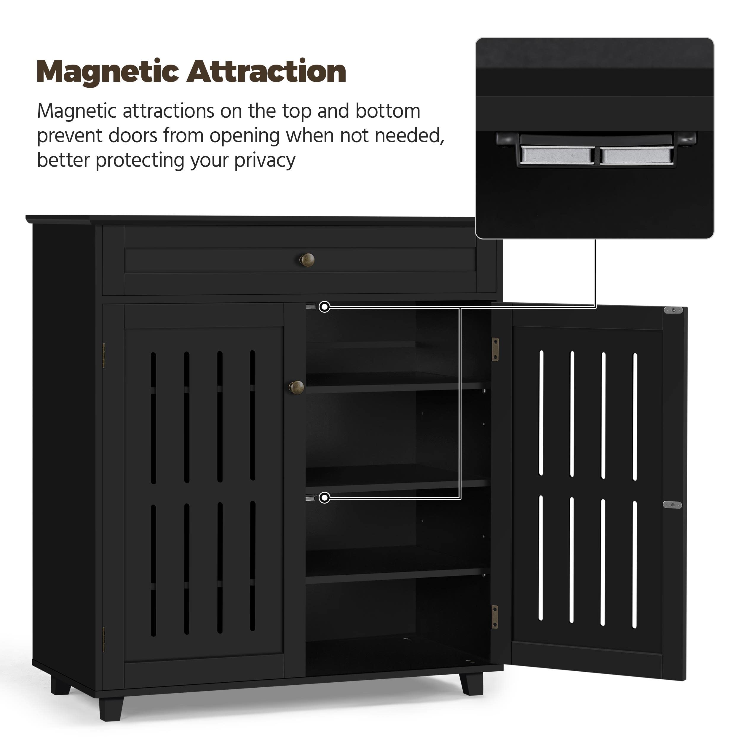 Yaheetech 4-Tier Wooden Shoe Storage Cabinet with Drawer & Adjustable Shelves - Shoe Rack Organizer with Louvered Doors for Entryway, Hallway, Bedroom - Perfect for Small Space Organization & Home Decor (Black)