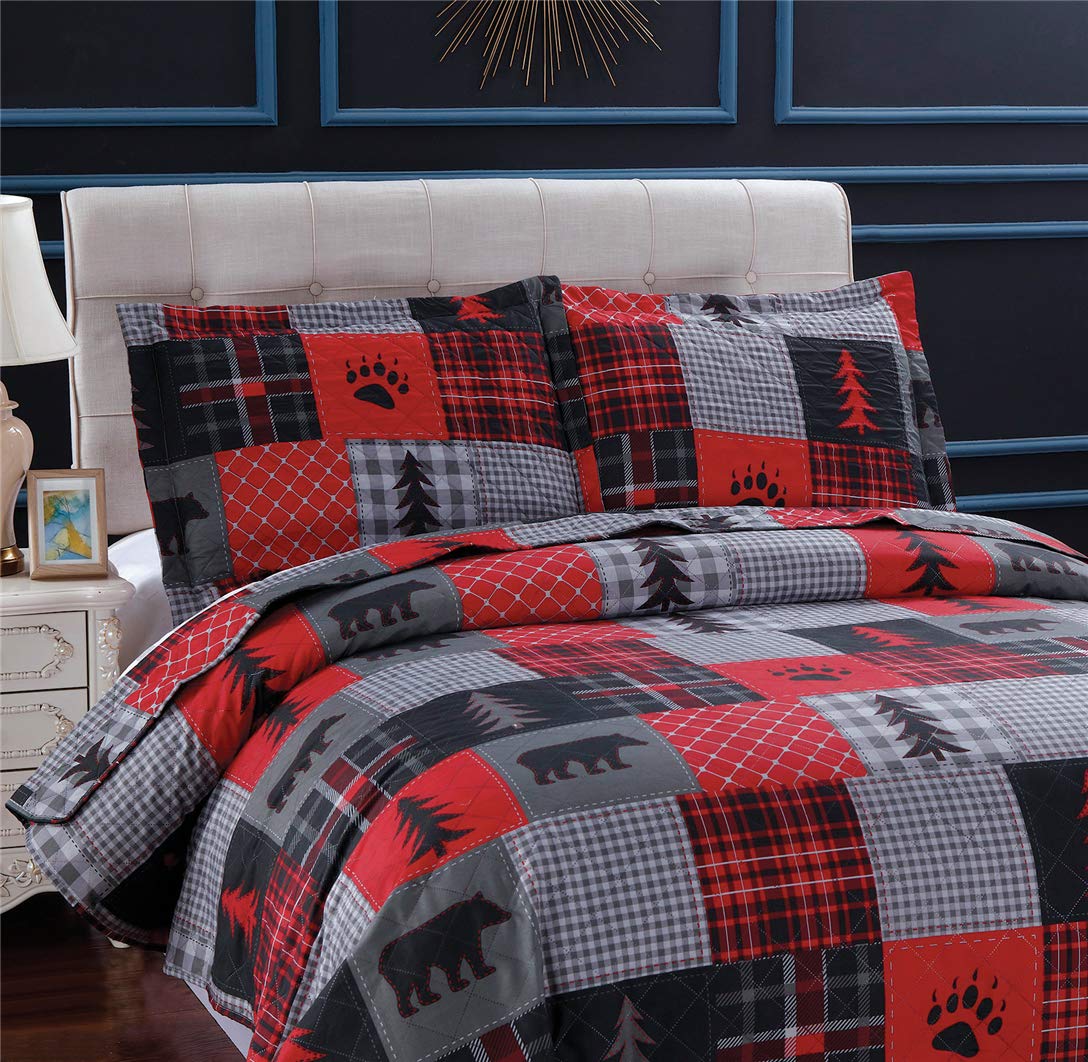 Rustic Bear Quilts King Size Set - Lightweight Plaid Bedspread & Coverlet - Lodge Style Bedding with Forest Tree Design - Includes Pillow Shams (Red Black Gray) - Perfect for Cabin, Hunting Lodge or Cozy Bedroom Retreat