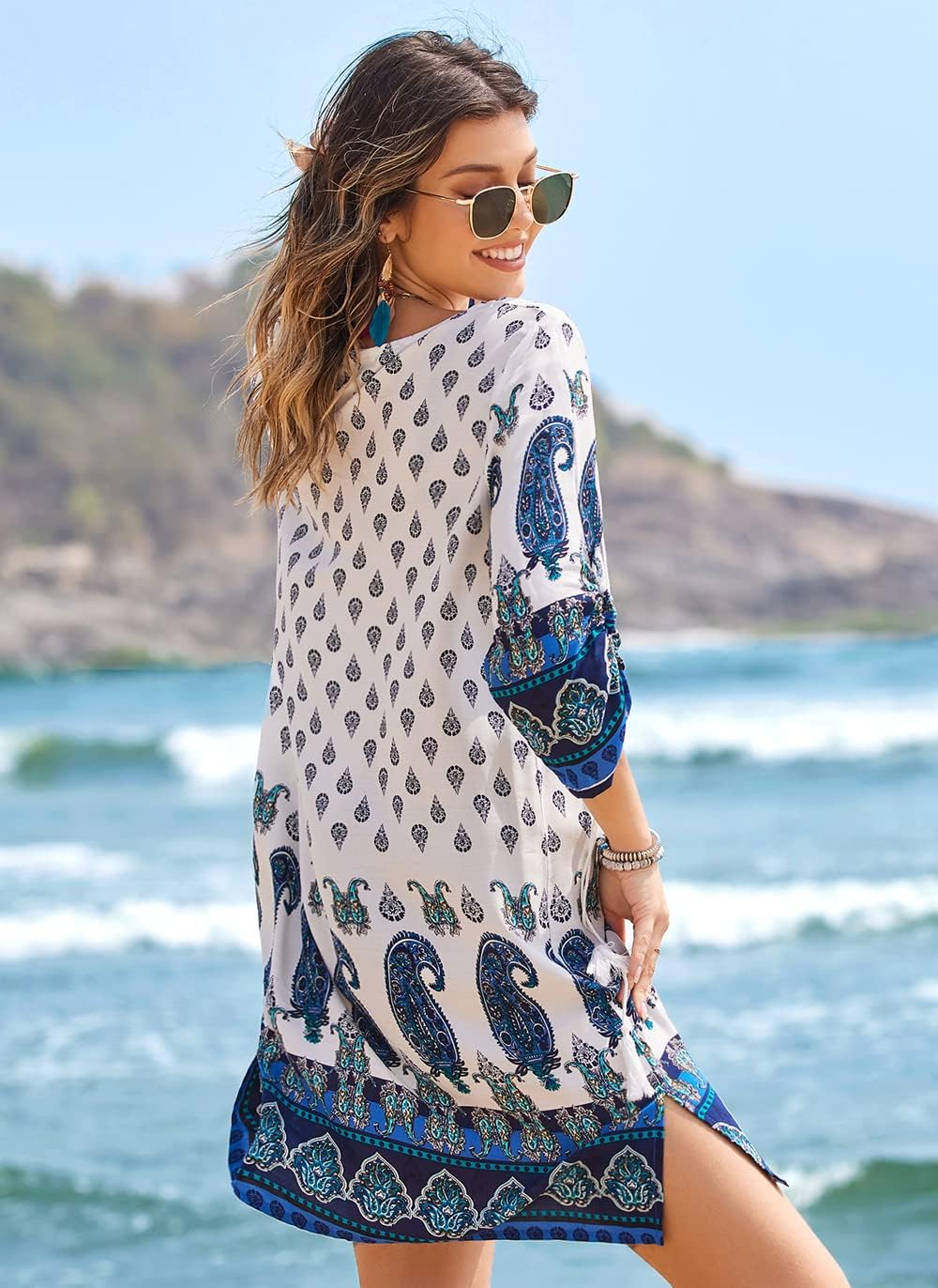 Zeagoo Women's Bohemian Floral Print 3/4 Sleeve Summer Casual Dress - Beach Cover Up, Vacation Outfit & Everyday Boho Tunic Top for Ladies