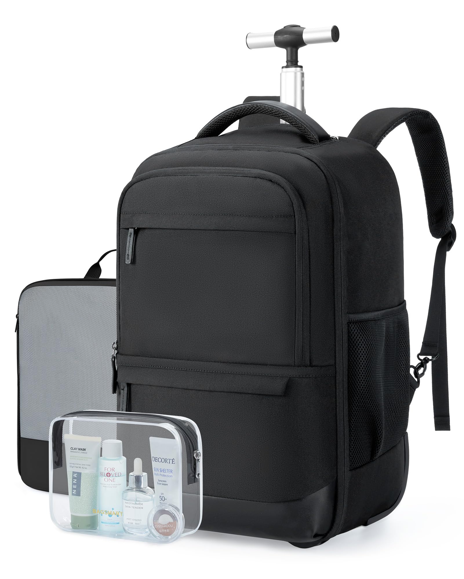 BAGSMART Rolling Travel Backpack - Water-Resistant Wheeled Laptop Backpack for Adults & College Students, 17 Inch Large Carry-On Luggage with 2 Packing Cubes (Black) - Perfect for Air Travel, Business Trips & Campus Commutes