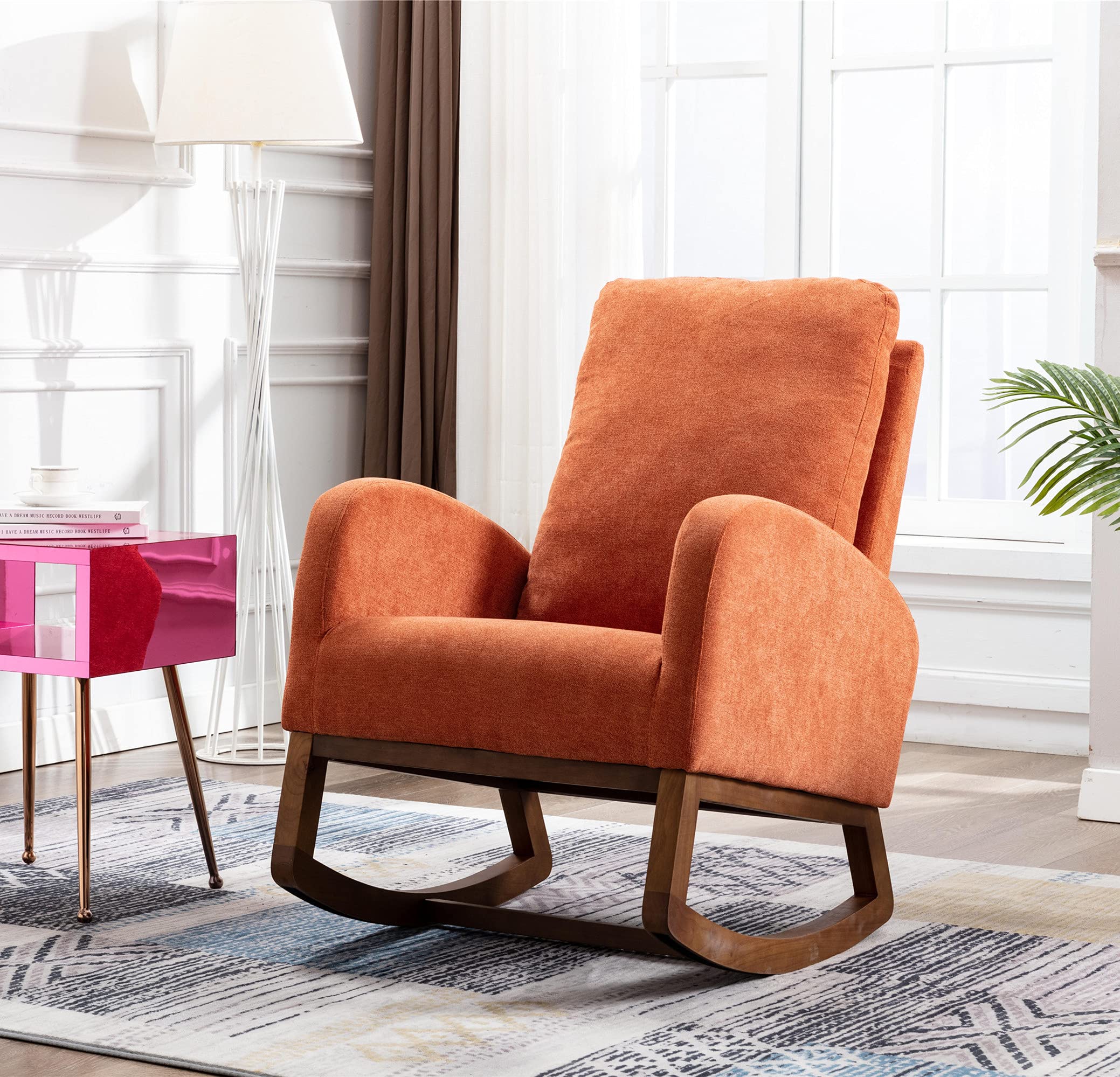 SSLine Upholstered Rocking Chair - Modern Fabric Rocking Armchair with Comfortable Cushion for Nursery, Living Room, Bedroom, Study & Office - Perfect for Relaxation, Nursing & Reading (Orange)
