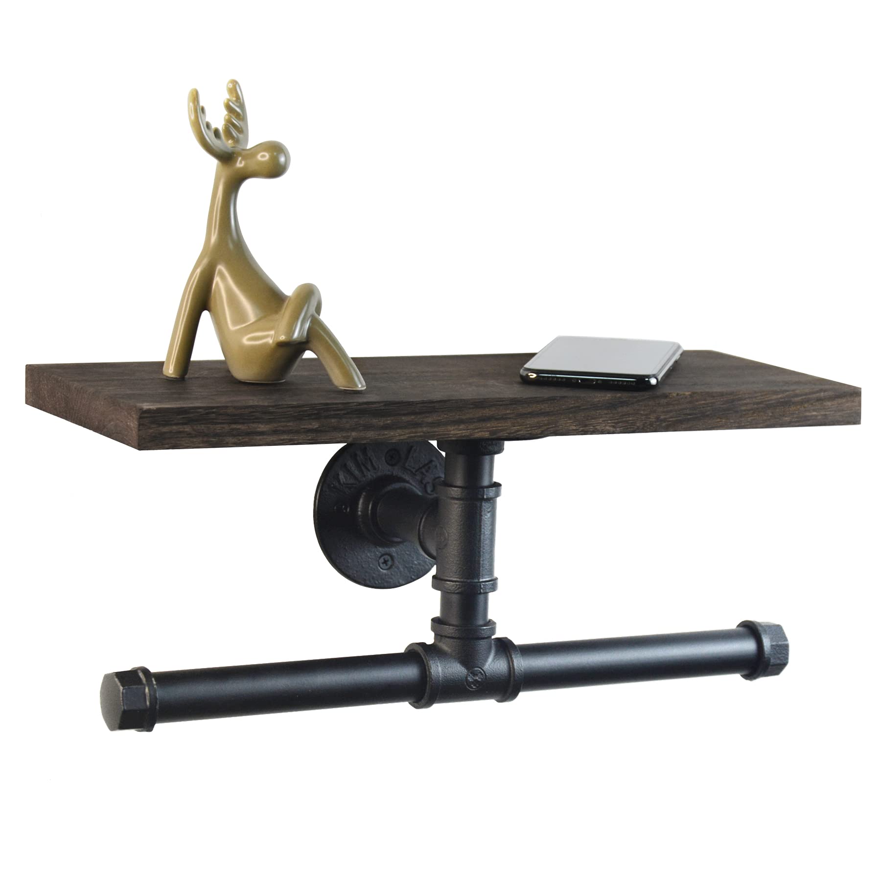 Rustic Double Roll Toilet Paper Holder with Wooden Shelf & Industrial Iron Pipe - Bathroom & Washroom Storage Organizer for Farmhouse, Industrial Decor
