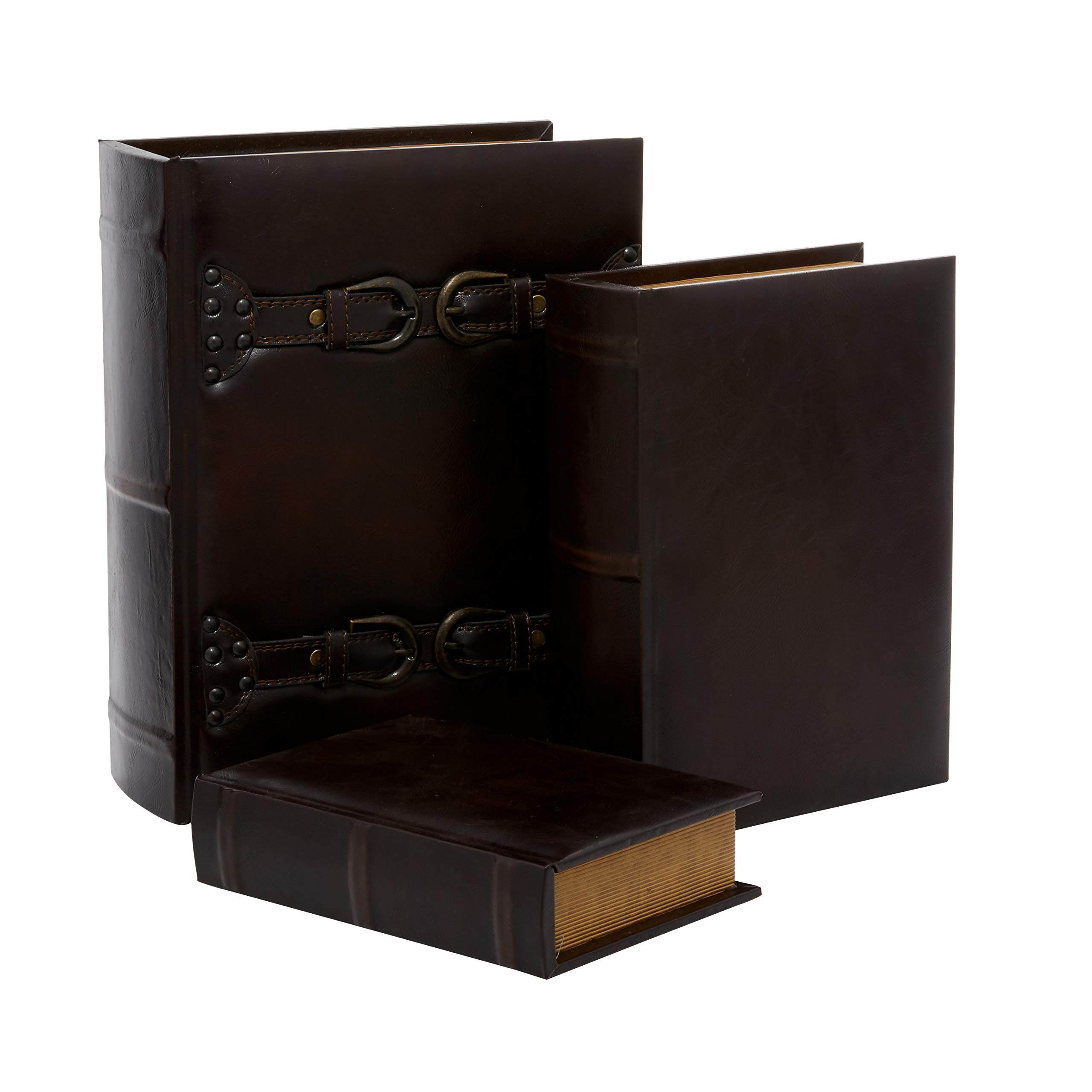 Deco 79 Set of 3 Wooden Decorative Storage Boxes - Faux Leather Book-Shaped Keepsake Boxes in Brown (14