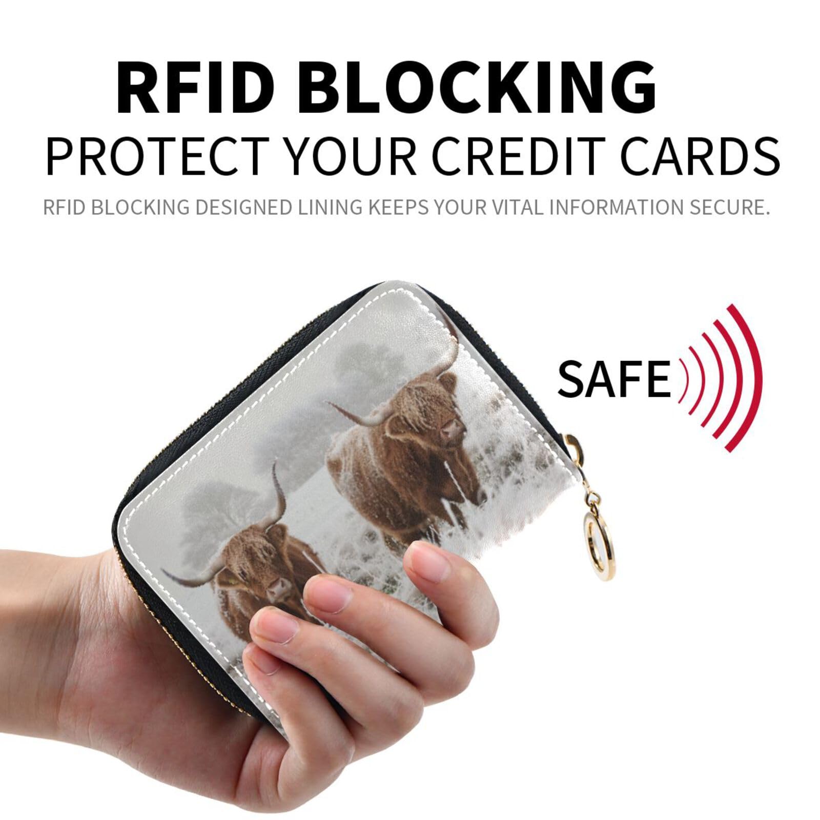 Premium RFID Blocking Leather Credit Card Holder - Scottish Highland Cow Design with Zipper - Stylish Women's Wallet for Travel & Everyday Use