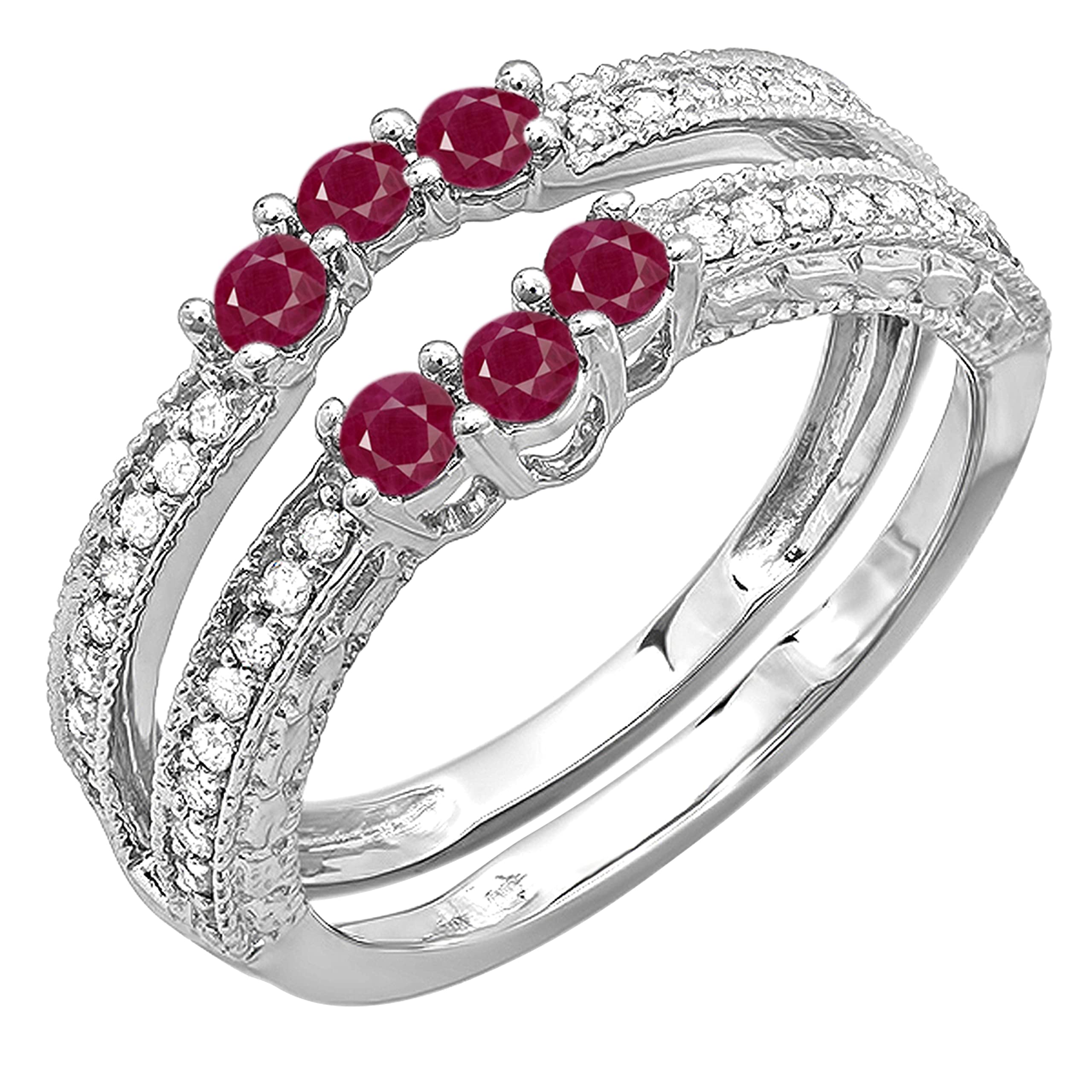 10K Solid White Gold Round Ruby & Diamond Women's Wedding Band Enhancer Guard – Anniversary Gift for Her, Perfect for Bridal Jewelry & Special Occasions