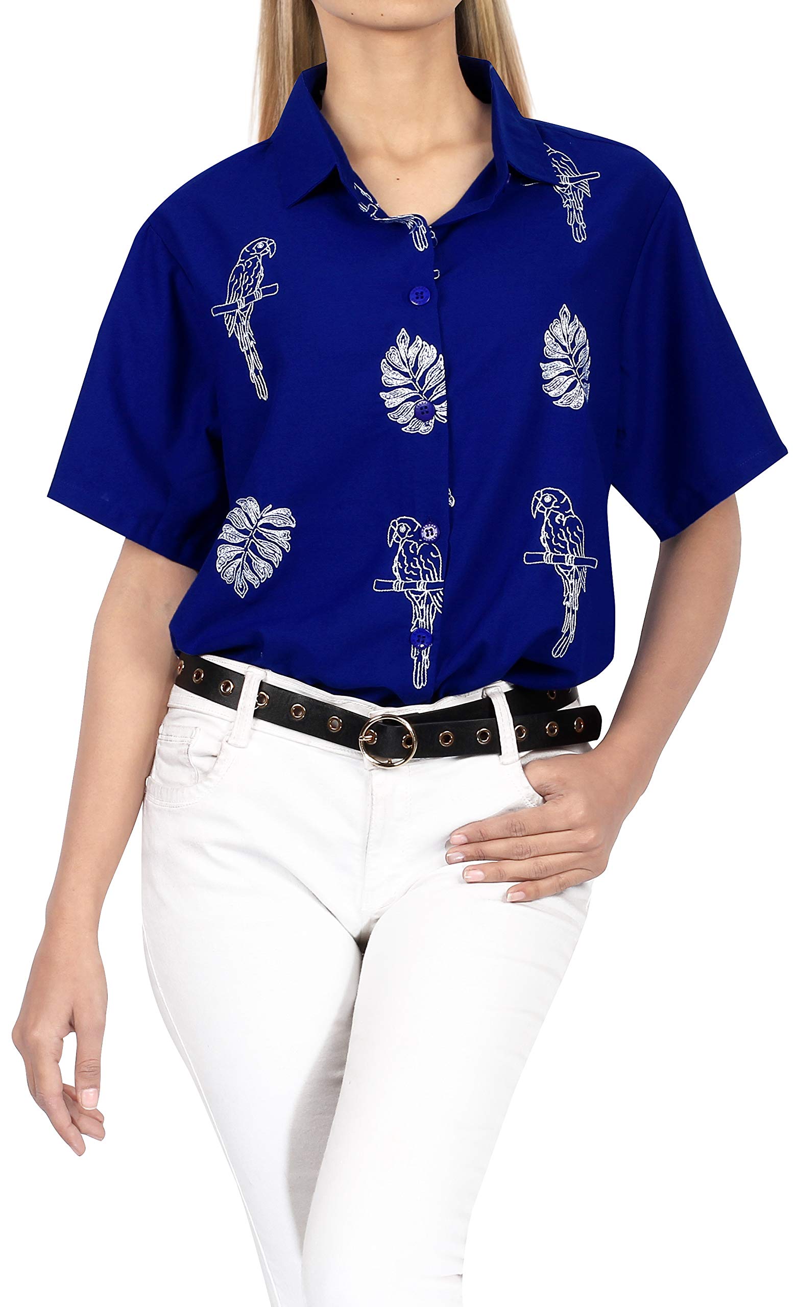 LA LEELA Women's Short Sleeve Hawaiian Blouse - Floral Print Beach Shirt for Summer Vacation, Pool Party & Tropical Getaway