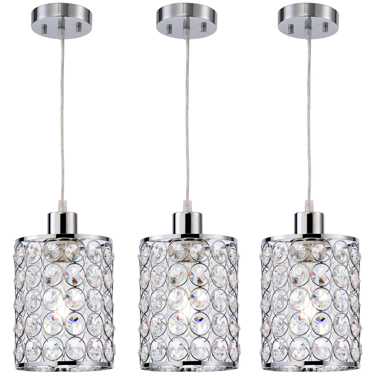 3 Pack Modern Crystal Pendant Lights - Adjustable Chrome Kitchen Island Lighting Fixtures for Dining Room, Bedroom & Bar Decor | Energy Efficient Hanging Ceiling Lights for Home & Commercial Spaces
