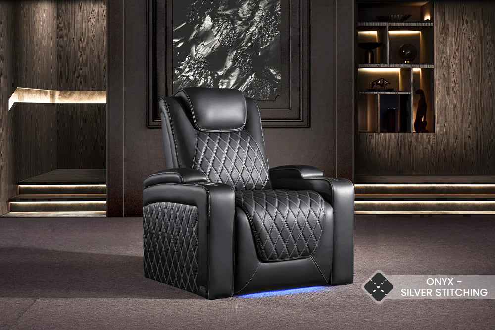 Valencia 2025 Oslo Ultimate Luxury Leather Home Theater Seating - 5-Seat Row Loveseat Left Facing in Onyx Black with Silver Stitching | Perfect for Home Cinemas, Media Rooms & Luxury Home Theaters