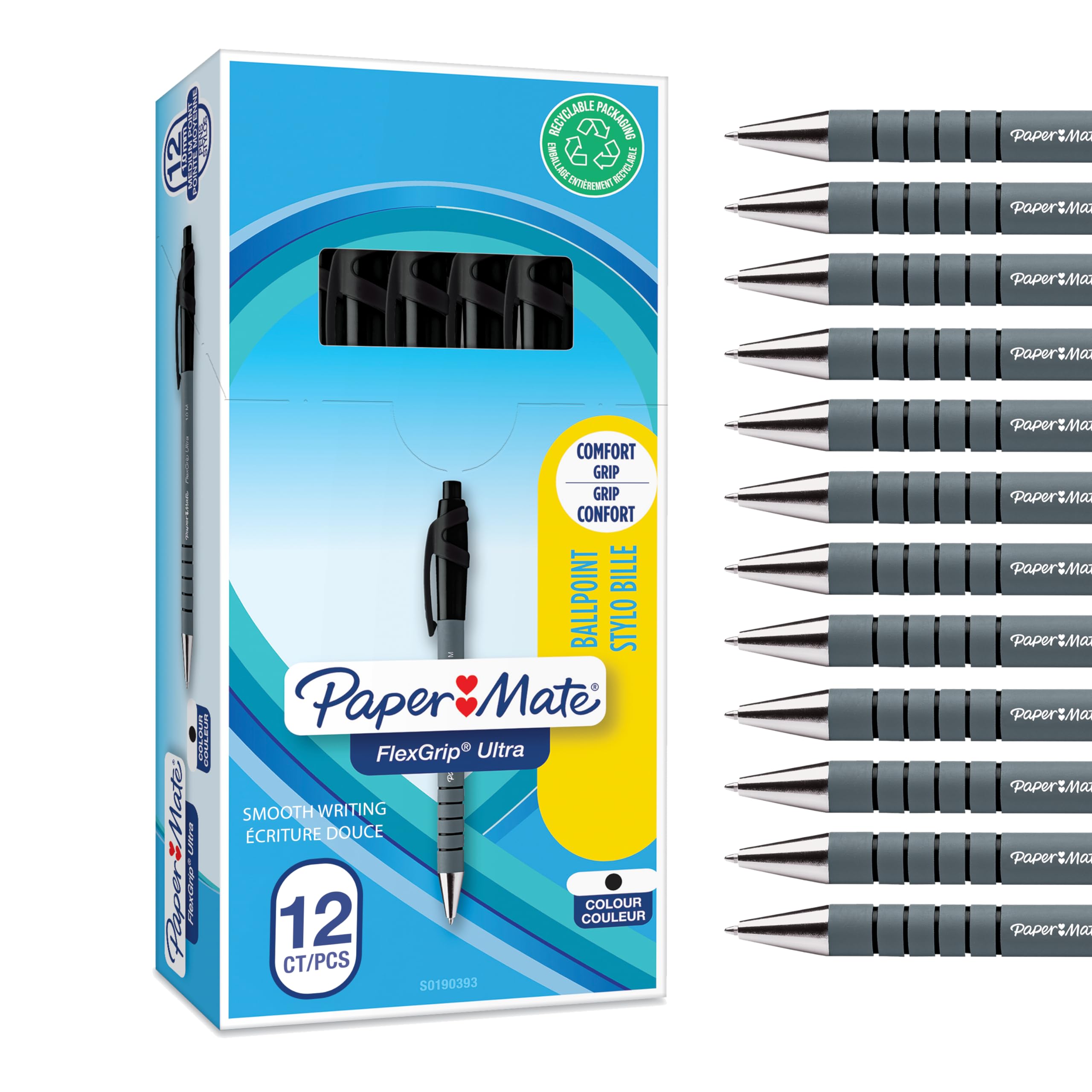 Paper Mate Flexgrip Ultra Retractable Ballpoint Pens - Medium Point 1.0mm Black Ink, 12-Pack - Smooth Writing for Office, School & Everyday Use