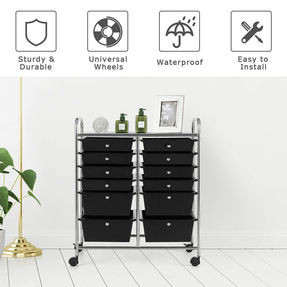 Black 12-Drawer Rolling Cart with Storage Bins - Lightweight Mobile Organizer for Scrapbook Paper, Studio Supplies | Perfect for Home Office, Garage & School | Ideal for Craft Rooms, Workshops & Dorm Organization