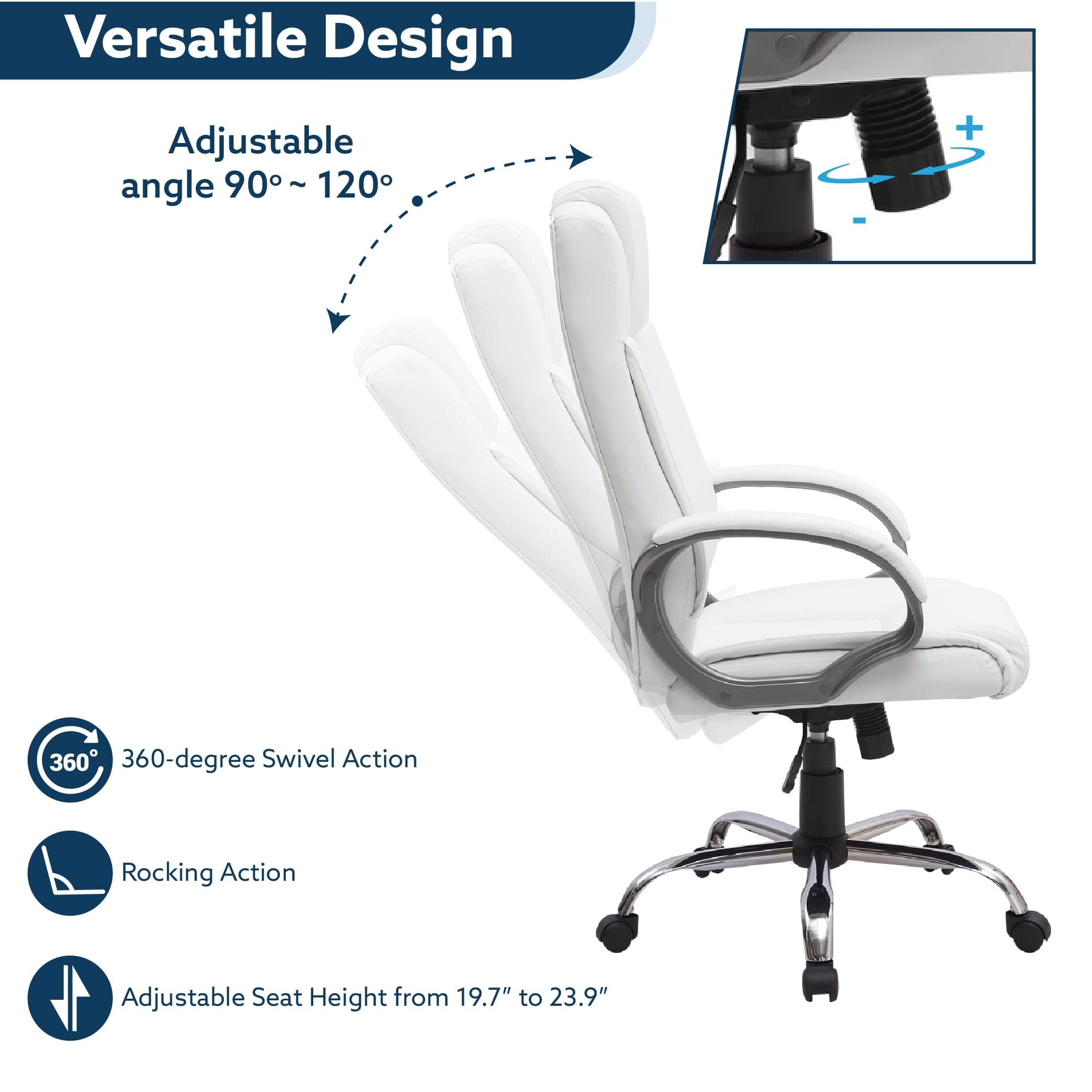 Premium Naomi Home Halle Executive Office Chair - High Back Ergonomic Desk Chair with Adjustable Height, Tilt & 360° Swivel - Lumbar Support & Padded Armrests - White Leather Computer Chair for Home & Office Use - Ideal for Long Work Hours, Gaming & Study Sessions