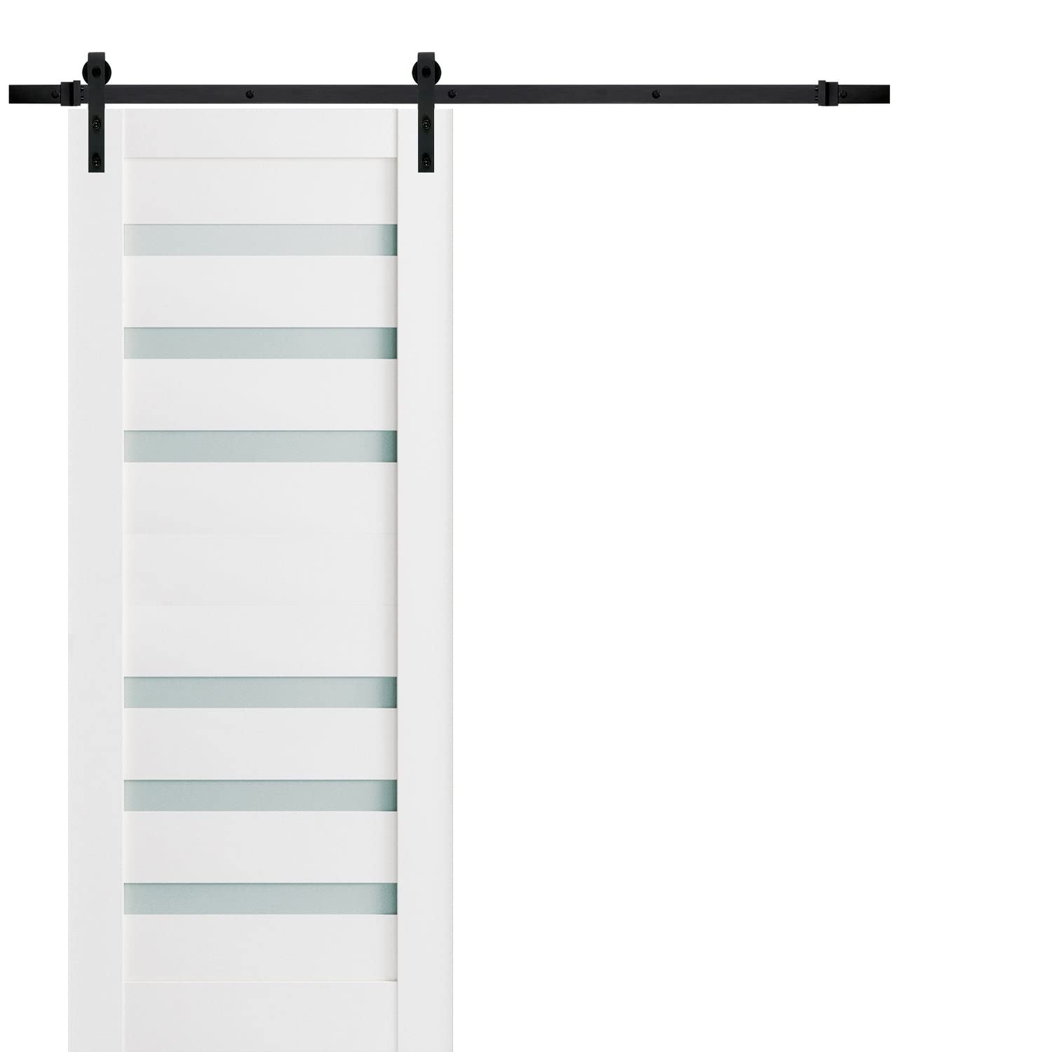 30 x 96 Inch Frosted Glass Barn Door with White Silk Quadro 4266 Finish | 6.6FT Top Mount Rail & Heavy Duty Hangers Hardware Set | Solid Panel Interior Sliding Door for Bedroom, Closet, or Living Room Partition