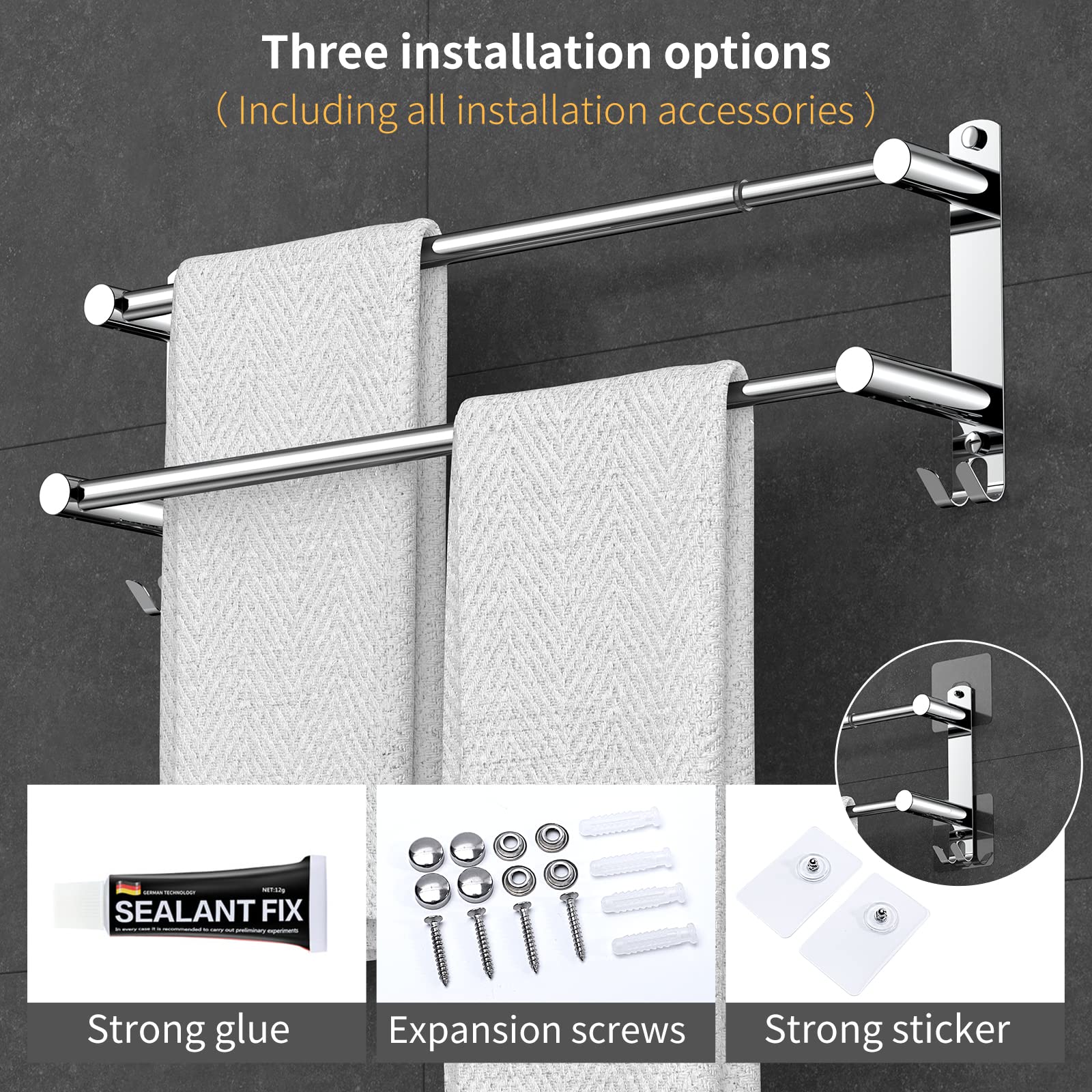 Stretchable 24-30 Inches Stainless Steel Towel Bar - Rustproof SUS304 No Drill Self-Adhesive Wall Mount for Bathroom & Kitchen - Perfect for Hand Towels, Dish Cloths & More (2 Bars) - Ideal for Small Spaces, Apartments & RVs