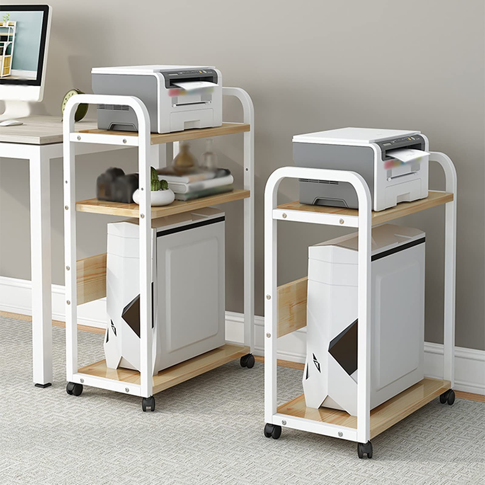 GRFIT 3-Tier Wooden CPU Stand with Rolling Wheels - PC Cart Holder, Desktop & Floor Computer Case Rack (White) - Perfect for Office, Gaming Setup & Server Room Organization