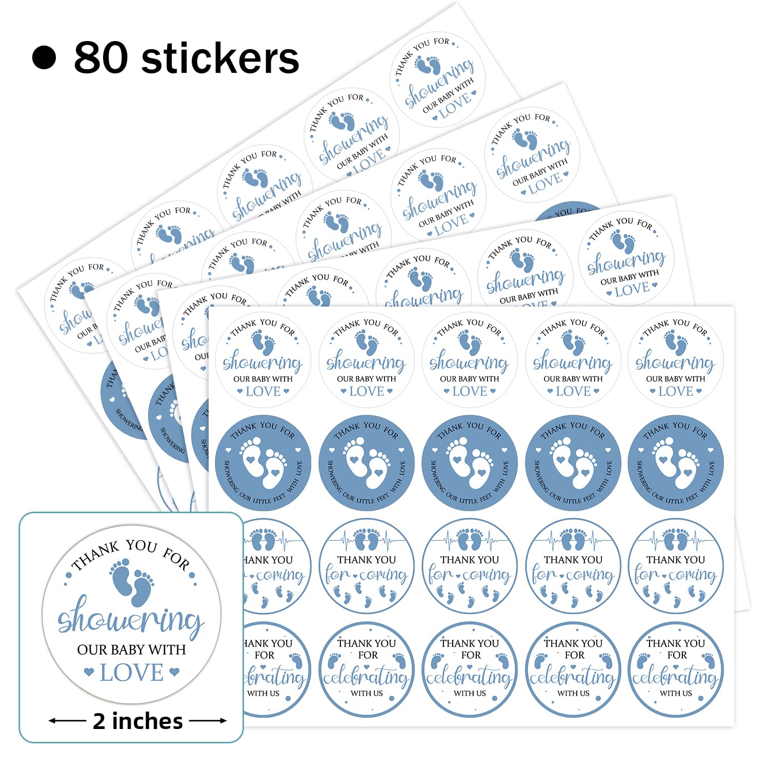 80 Pieces Cute Blue Footprint Thank You Stickers - Baby Shower, Birthday Party Decorations for Boys - Gift Wrap, Bag & Label Decor - 4 Adorable Designs - Perfect for Baby Showers, Birthday Parties & DIY Crafts