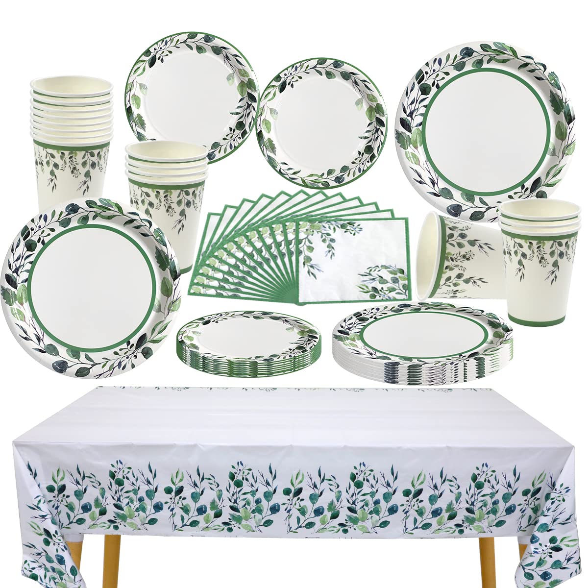 Eco-Friendly Sage Green Party Supplies Set - 16 Disposable Paper Plates, Napkins, Cups & Tablecloth for Birthday, Bridal Shower, Boho & Gender Reveal Parties - Perfect for Greenery Themed Events & Outdoor Gatherings