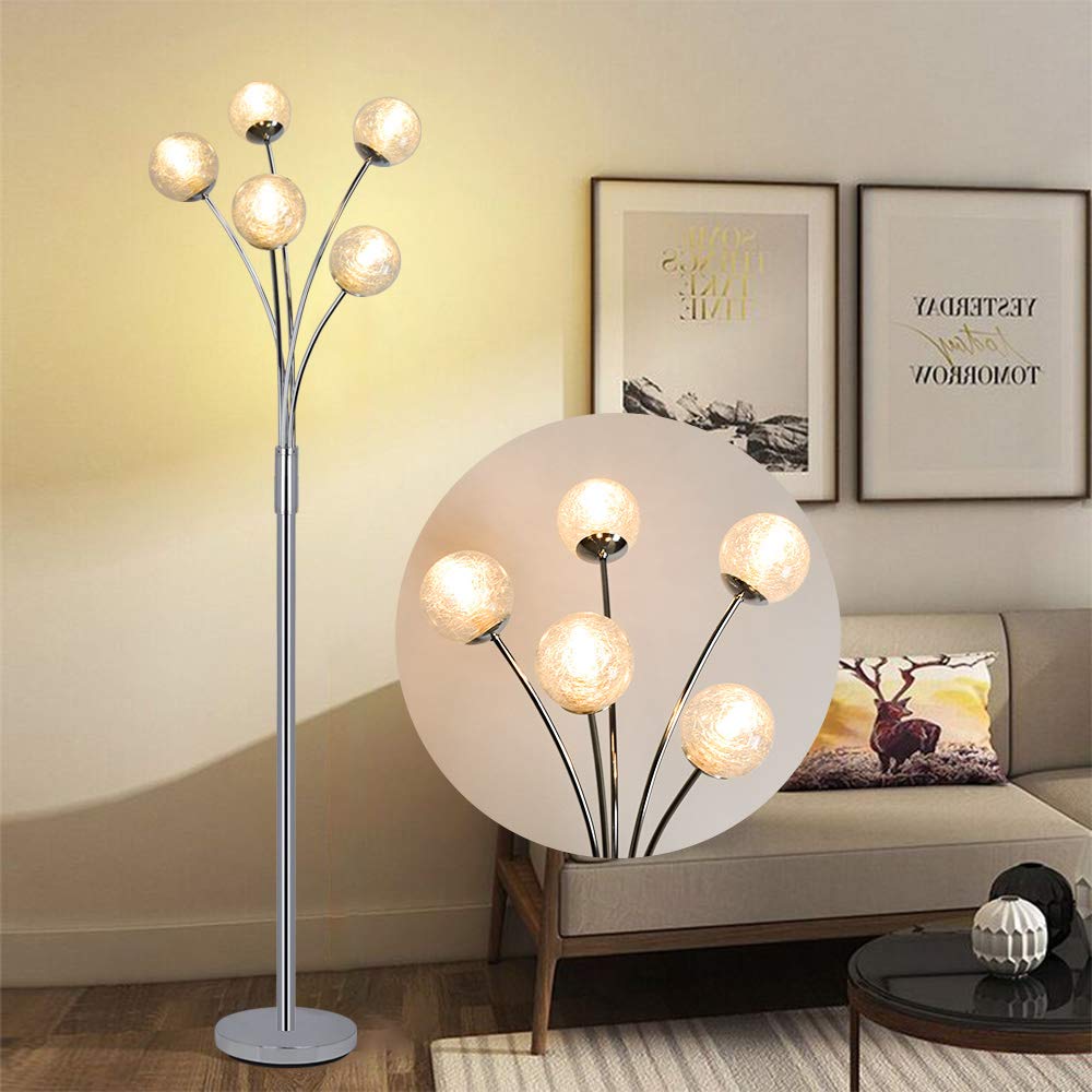 Modern Globe LED Floor Lamp - 5-Light Standing Tree Lamp for Living Room & Bedroom, Tall Pole Accent Lighting for Mid Century & Contemporary Homes, Silver Glass Shade (G9 Bulb Not Included) - Perfect for Reading Nooks, Lounge Areas & Bedside Lighting