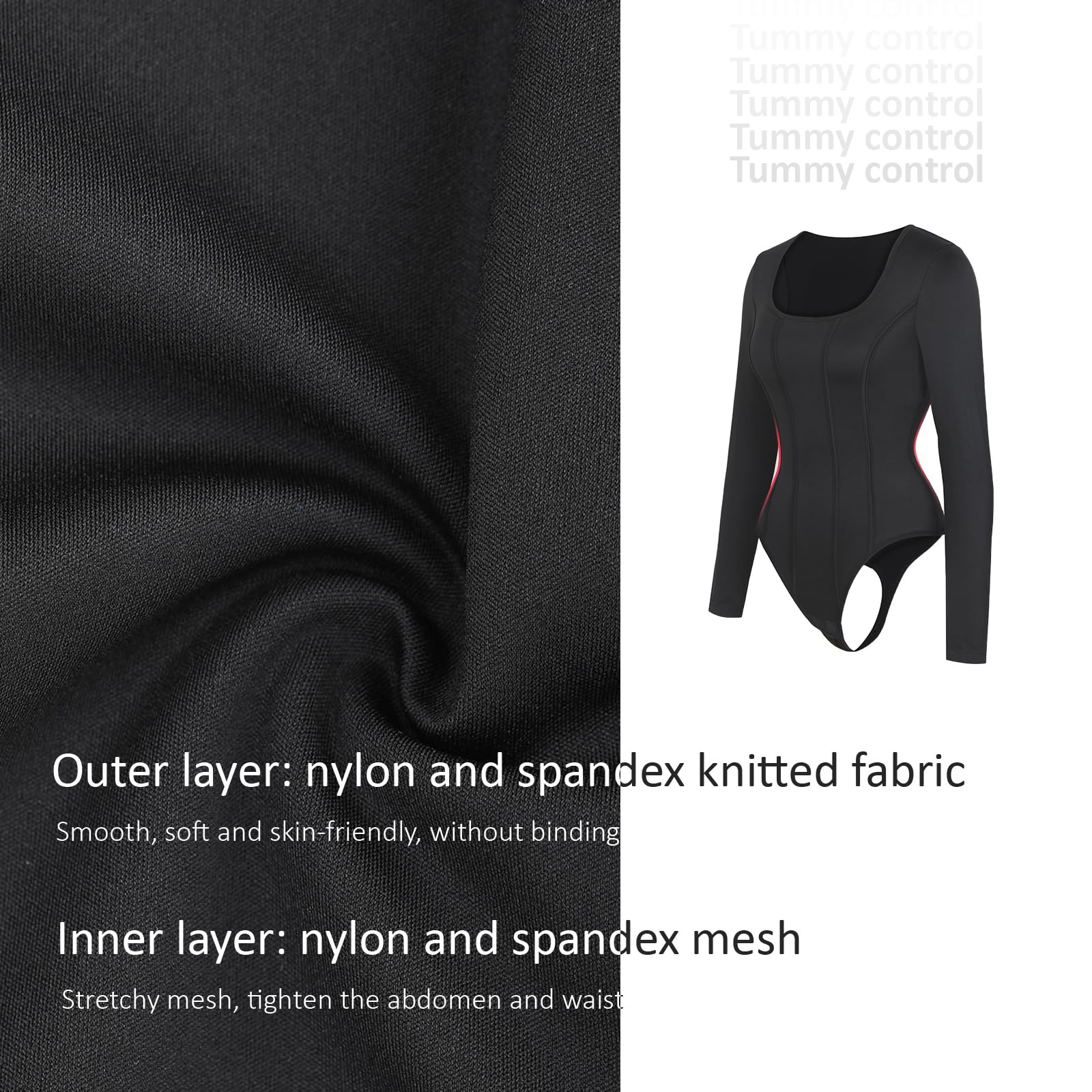 FeelinGirl Shapewear Bodysuit for Women - Tummy Control Slimming Bodysuit with Square Neck & Long Sleeves - Seamless Thong Body Shaper for Everyday Wear, Date Night & Special Occasions
