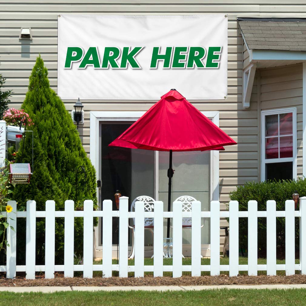 Vinyl Banner - Park Here Business Sign - Weatherproof & Durable - Multiple Sizes (48x96 Inches) - White with 8 Grommets - Perfect for Outdoor Business, Industrial Yard & Event Signage