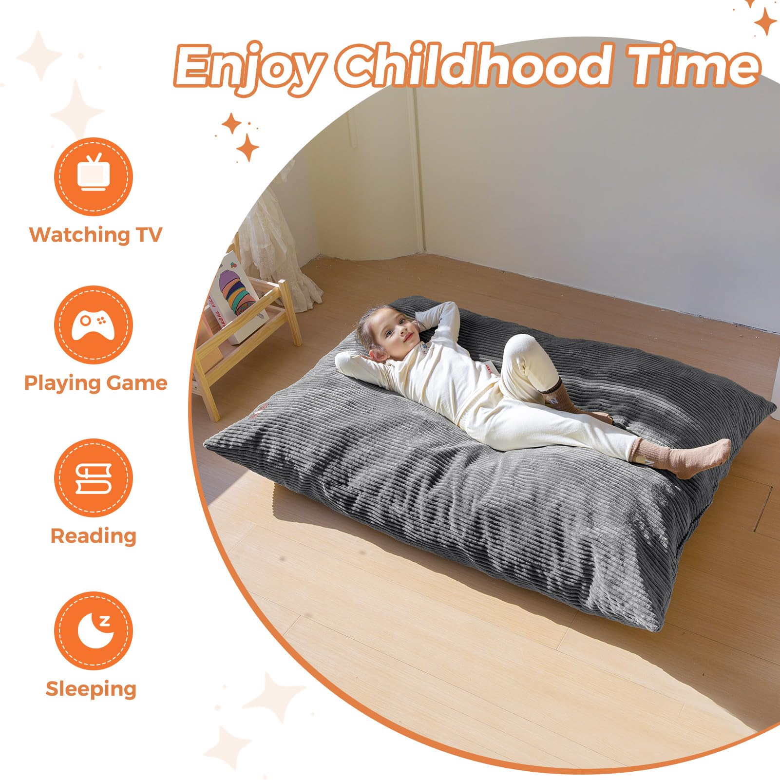 MAXYOYO 3-in-1 Kids Convertible Bean Bag Chair & Bed - Dark Grey Floor Sofa for Children's Gaming, Reading & Nap Time | Perfect for Playroom, Nursery & Dorm Room
