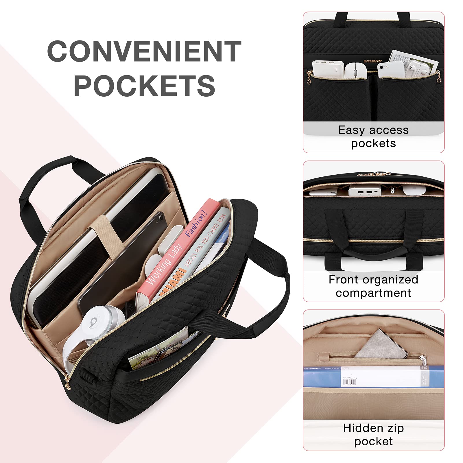 BAGSMART 17.3/15.6 Inch Laptop Bag for Women - Professional Business Briefcase & Travel Messenger Bag - Stylish Office Work Computer Bag - Perfect for Business Trips, Commuting & Daily Use (Black)