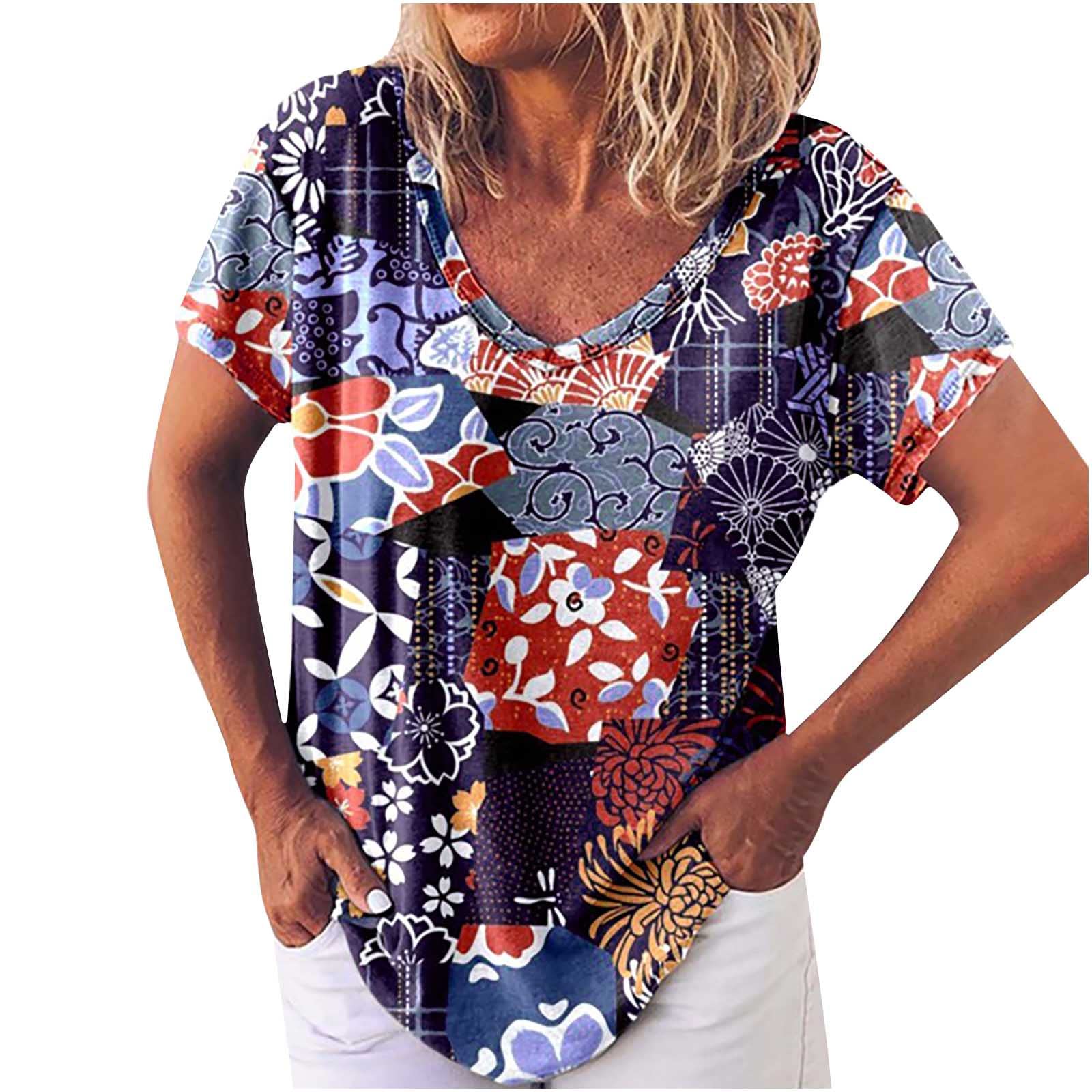Women's Summer V-Neck Short Sleeve Tunic Tops - Flowy Loose Casual Printed Blouse Shirt for Beach, Vacation & Everyday Wear