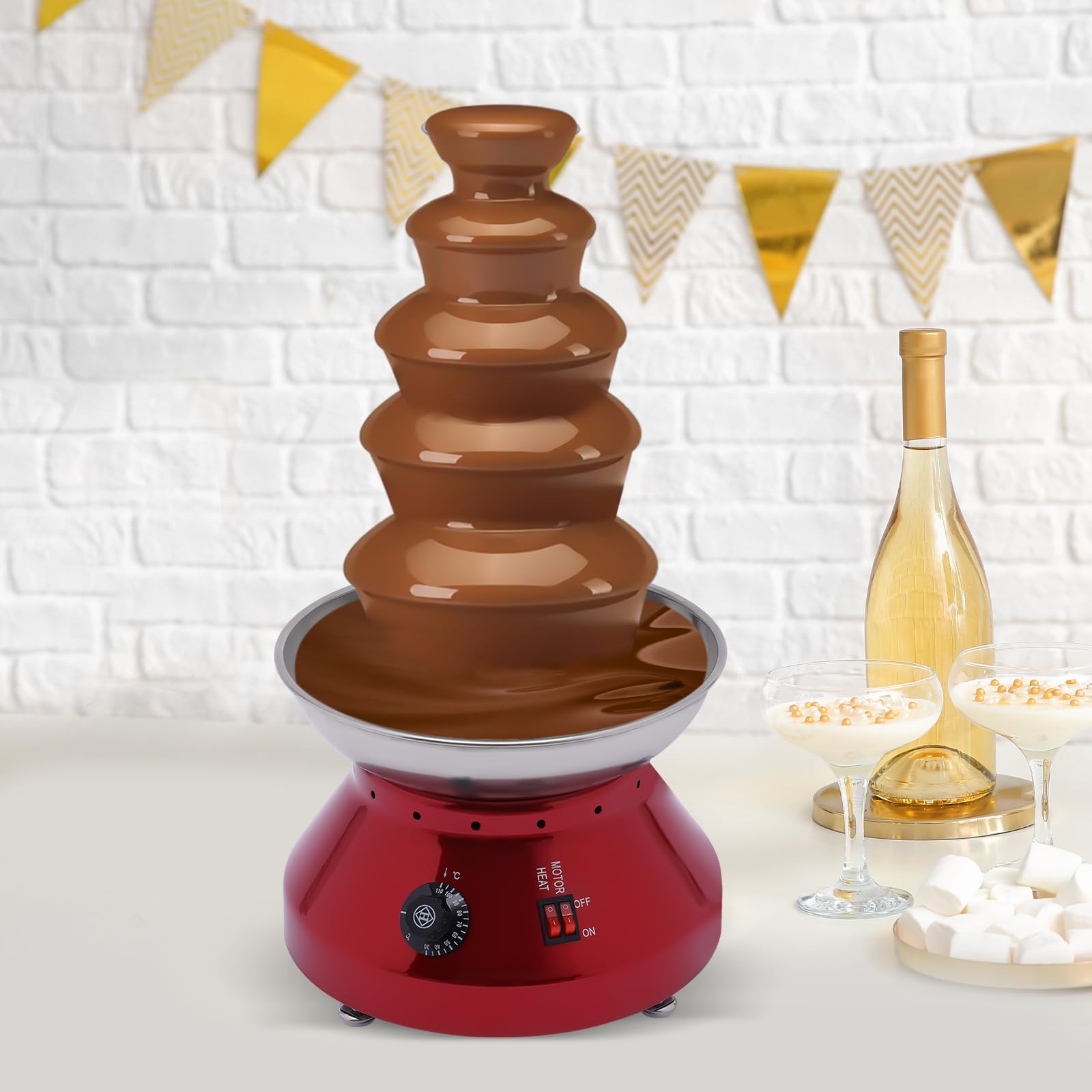 Commercial Chocolate Fountain Machine - 5 Tier 7 lb Stainless Steel Melting Heater for Hot Chocolate, Nacho Cheese & Liqueurs - Perfect for Weddings, Parties & Catering Events (Red)