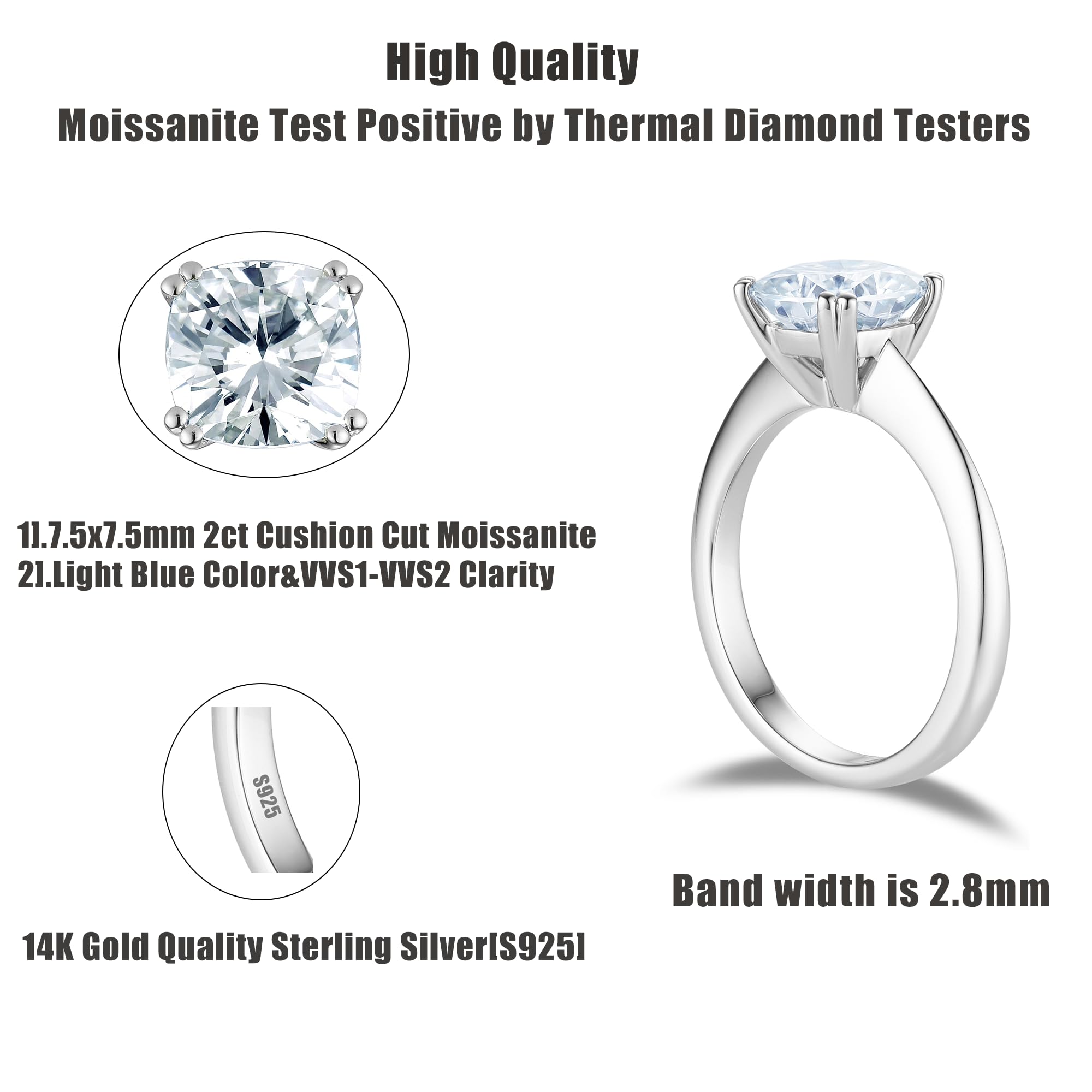 DovEggs 2ct Light Blue Cushion Cut Moissanite Engagement Ring for Women - 7.5mm Diameter, 2.8mm Band, 8-Prong Solitaire Setting in 14K Gold or Sterling Silver - Perfect for Proposals, Weddings & Anniversary Gifts