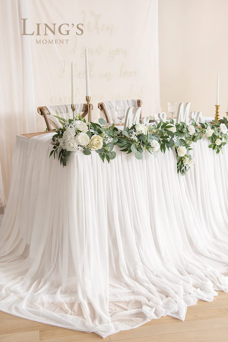 Ling's Moment 9FT Wrinkle-Free Wedding Table Skirt & Backdrop Curtains Set - 2 Panels 5ft x 10ft with 9FT Eucalyptus Willow Leaf Garland - Perfect for Wedding Decor, Bridal Shower, Baby Shower & Party Backdrops