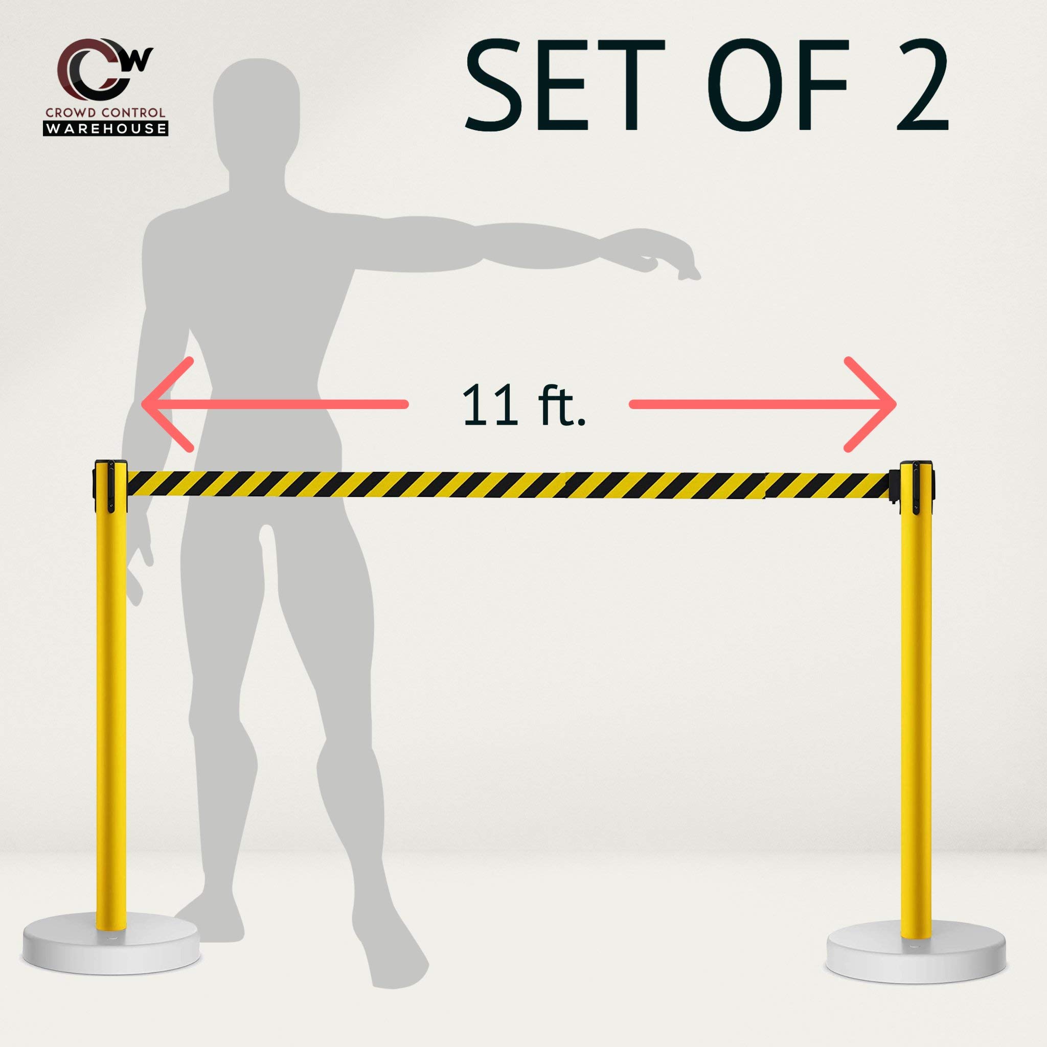 CCW Set of 2 Retractable Belt Barrier Stanchions with Water Fillable Base - 11 Foot Black/Yellow Belt & Yellow PVC Plastic Posts for Crowd Control in Warehouses, Events & Retail Stores