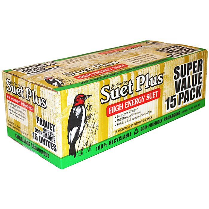 Suet Plus High Energy Suet Cakes - 15 Pack | Premium Wild Bird Food for Backyard Feeders | Attracts Woodpeckers, Chickadees & Nuthatches