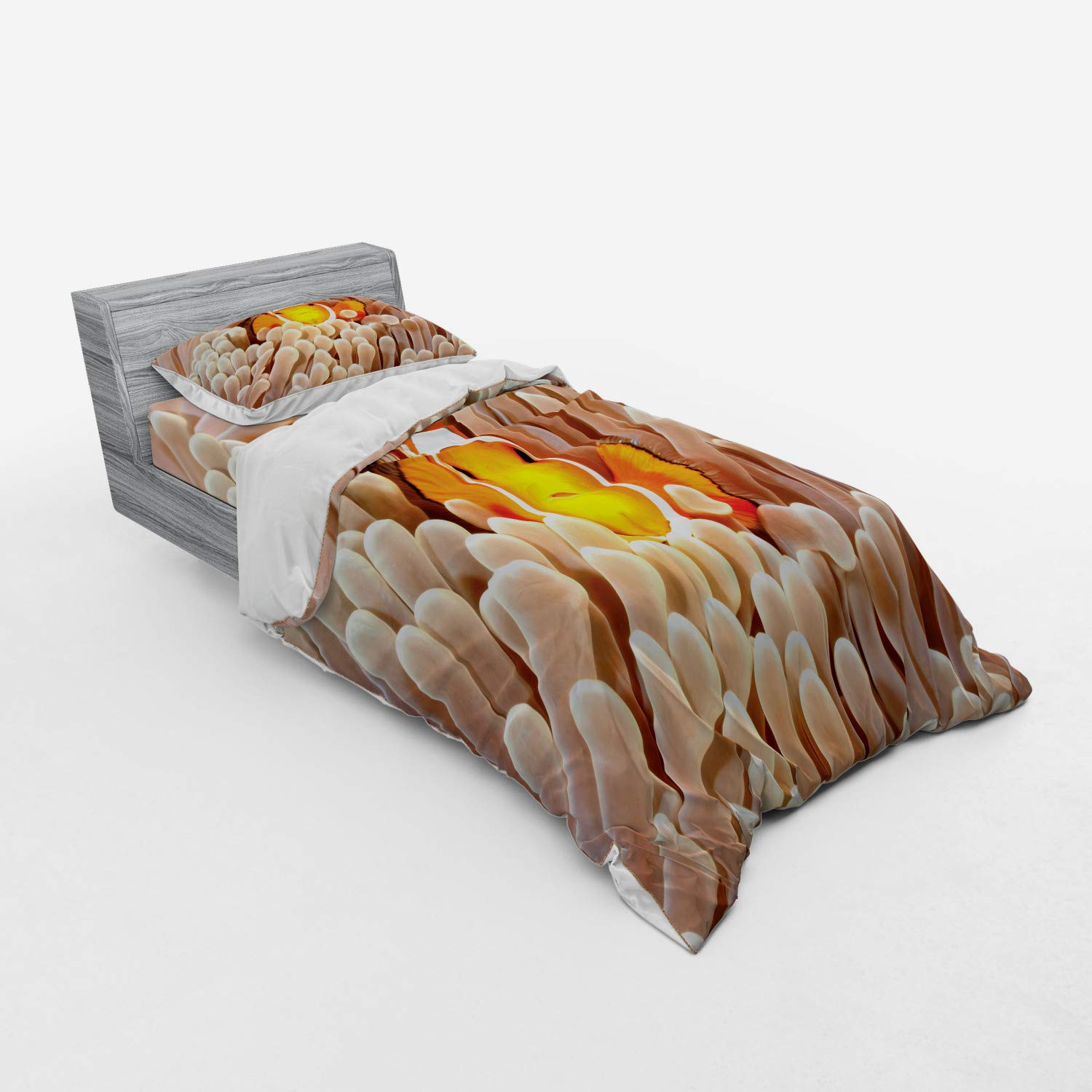 Ambesonne Ocean Duvet Cover Set - Clownfish Swimming in Tentacles Marine Wildlife Design, 3-Piece Bedding Set with Pillow Sham & Fitted Sheet, Twin Size, Beige & Orange | Perfect for Kids' Rooms, Beach House Decor & Underwater Theme Bedrooms