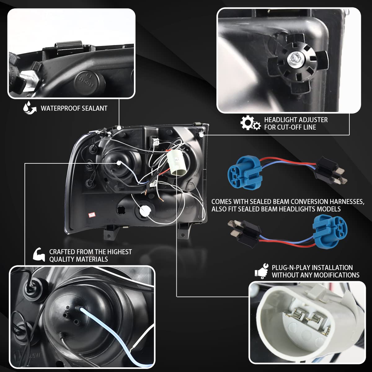 Ford F-250/F-350 Super Duty LED Headlights 1999-2004 - Black Halo Projector for Night Driving