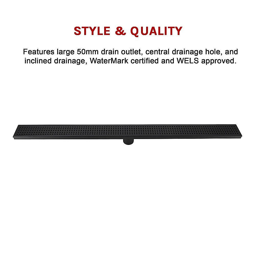1000mm Black Square Pattern Bathroom Shower Drain Grate with Center Outlet - Floor Waste Drain for Modern Bathrooms & Wet Rooms