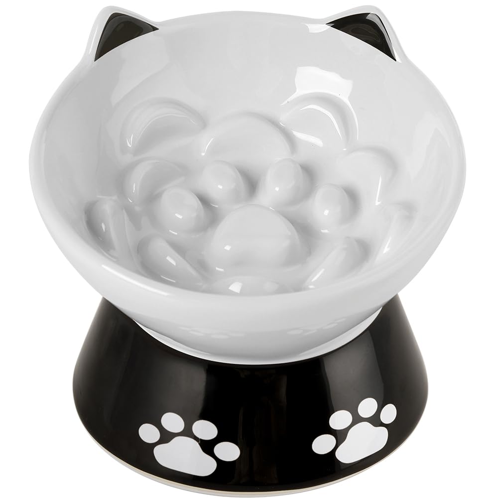 Slow Feeder Cat Bowl with Non-Slip Silicone Base - 6 Inch Elevated Ceramic Pet Food Dish for Dogs & Cats - Anti-Vomiting Design for Dry & Wet Food (White) - Perfect for Fast Eaters & Digestive Health