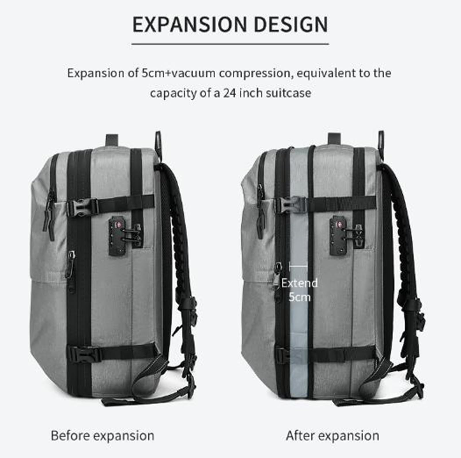 Matt Black Expandable Travel Backpack with Air Pump - Perfect for Hiking & Vacations