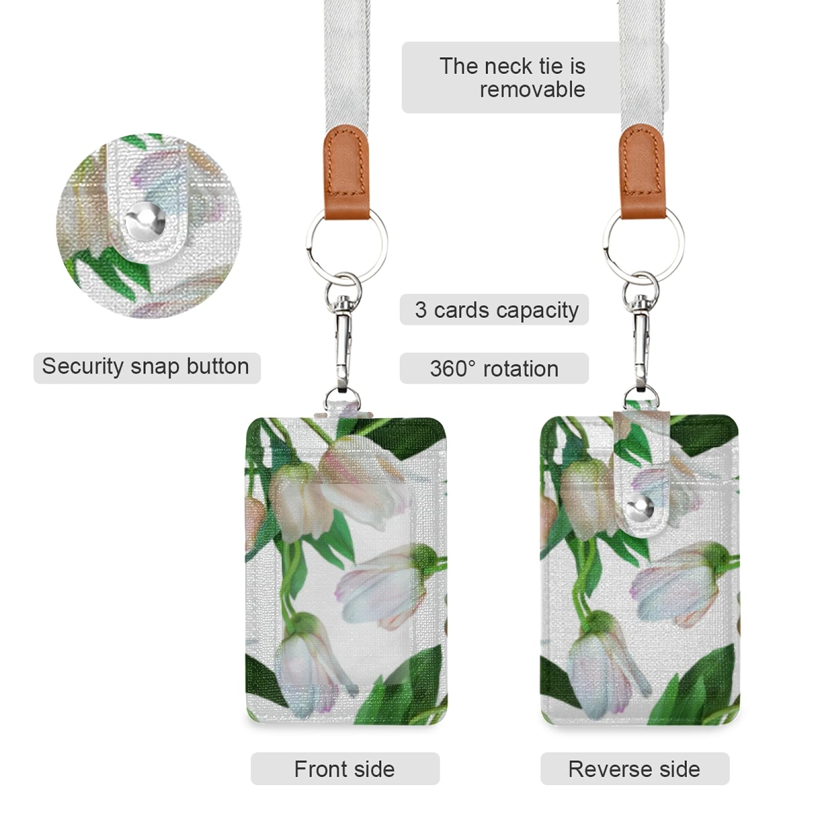 White Tulips Vertical Leather ID Badge Holder with Lanyard - Office & School Staff Accessory