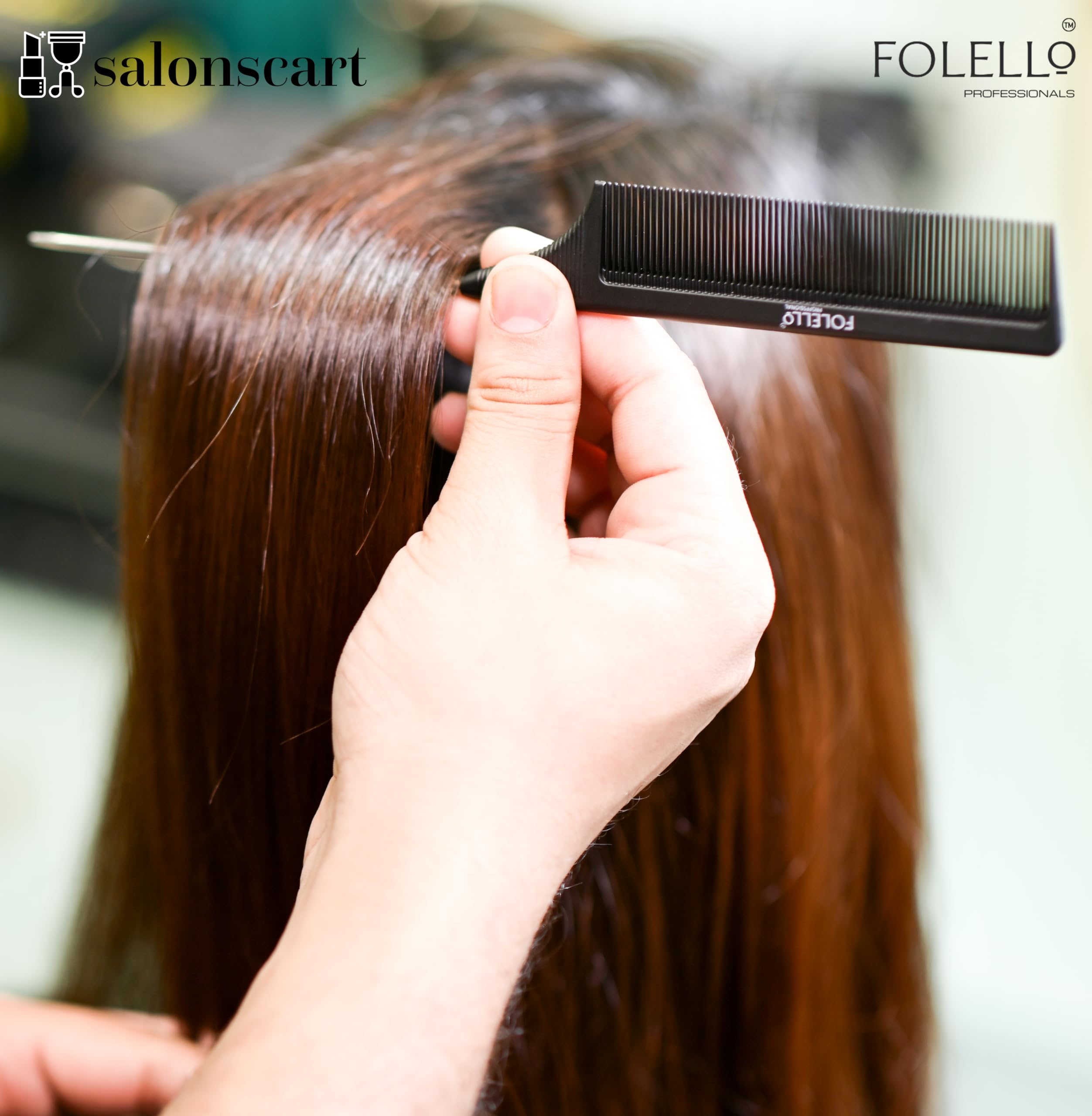 FOLELLO Professional Carbon Fiber Pin Tail Comb - Black Stainless Steel Pintail Comb for Hair Styling - Anti Static & Heat Resistant Lightweight Teasing Comb - Perfect for Salon, Home Use & Travel Hair Care