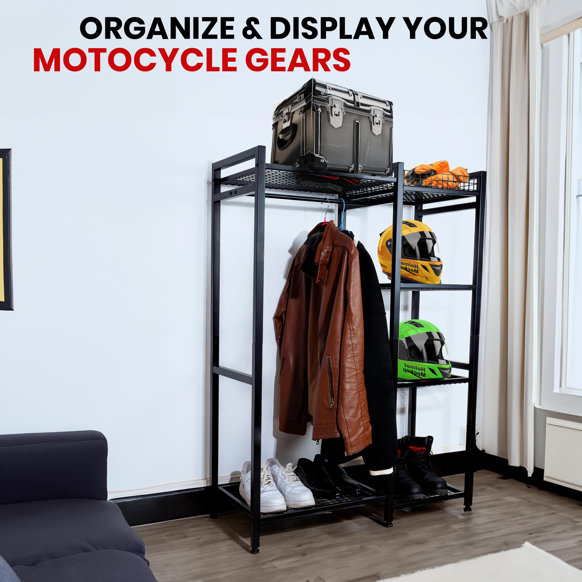 Motorcycle Helmet Holder & Gear Storage Rack - Heavy Duty Helmet Stand for Helmets, Jackets, Gloves & Boots - Perfect for Garage, Showroom & Motorcycle Accessories Display