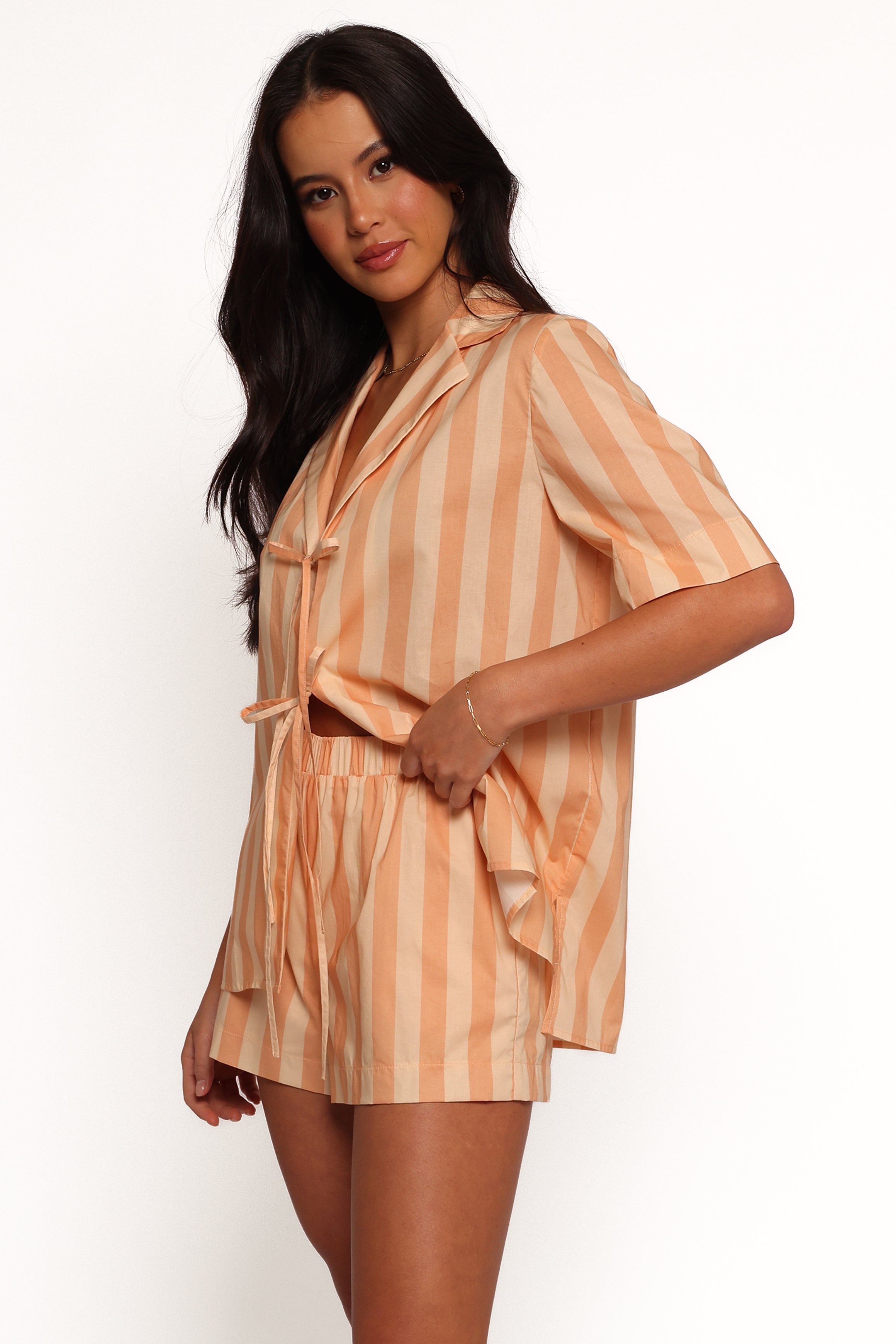 Essie Tie Front Shirt in Terracotta Stripe - Women's Casual Button Down Blouse for Work & Weekend Outfits